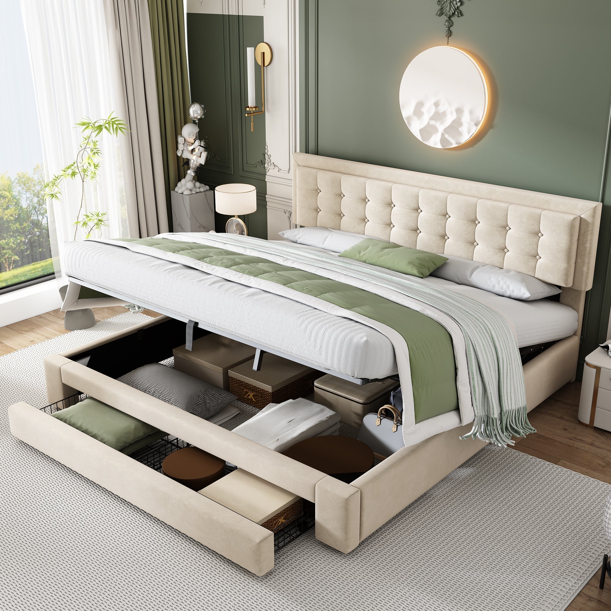 Upholstered Bed 180x200cm Storage Box Drawers Slatted Frame - Velvet Beige