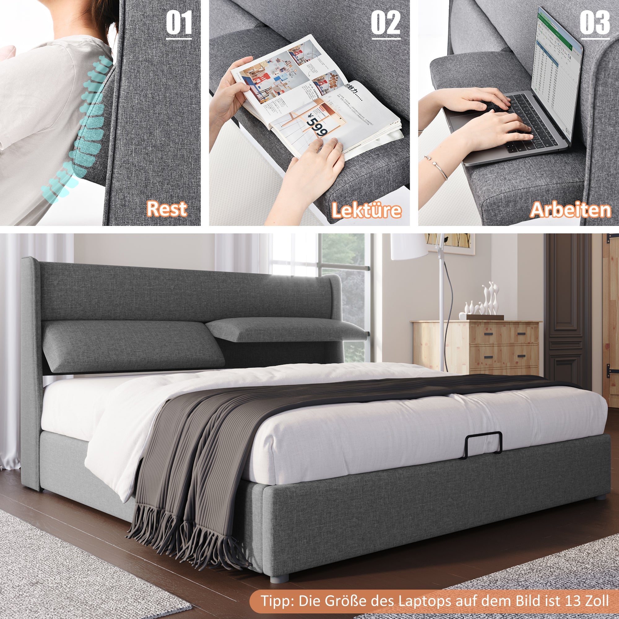 Upholstered Double Bed, Adjustable Headrests Storage with Linen Material