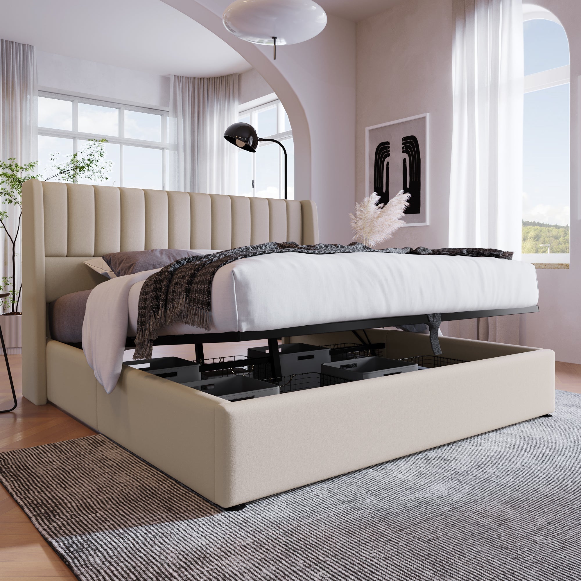 Upholstered Hydraulic Storage Bed, 180x200cm, Beige Linen