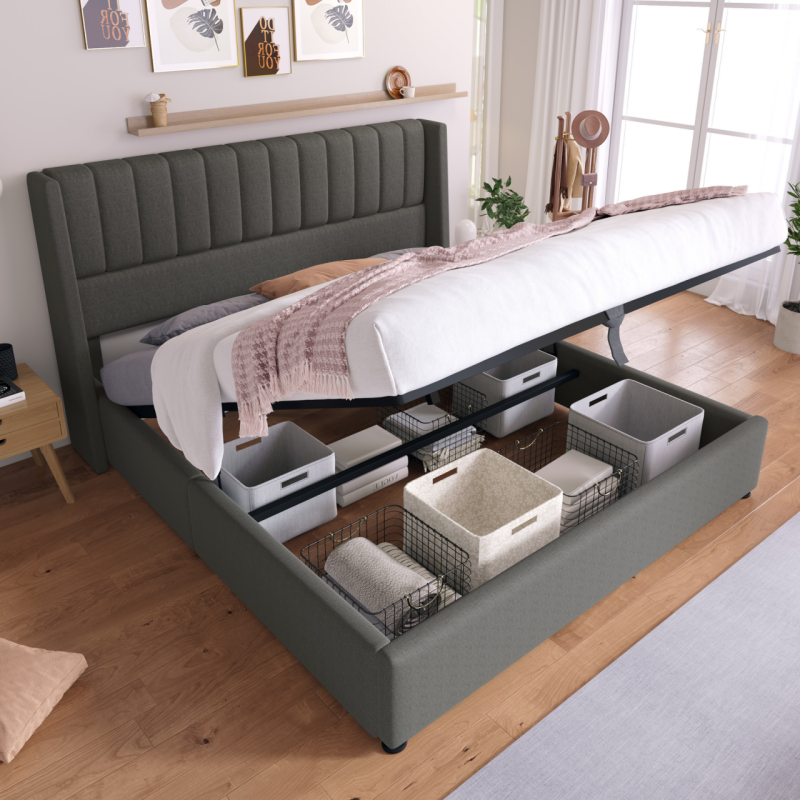 Storage Bed, Hydraulic Double 180x200cm, Linen Grey