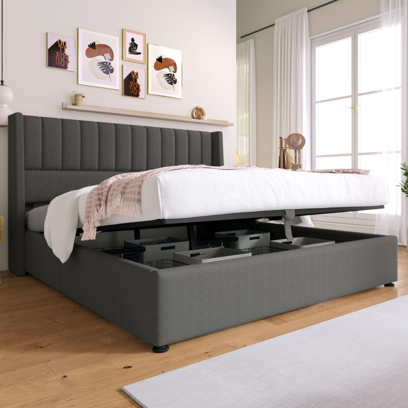 Storage Bed, Hydraulic Double 140x200cm, Upholstered Linen Grey