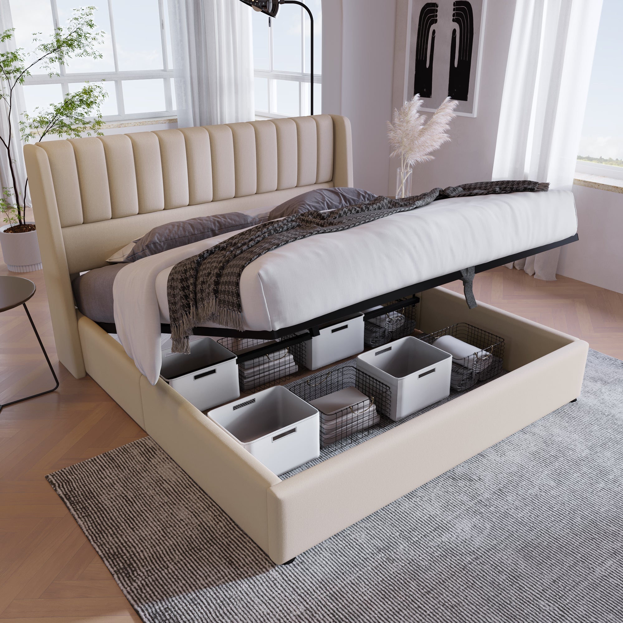 Storage Bed, Upholstered Hydraulic Double Bed 140x200cm, Linen Beige