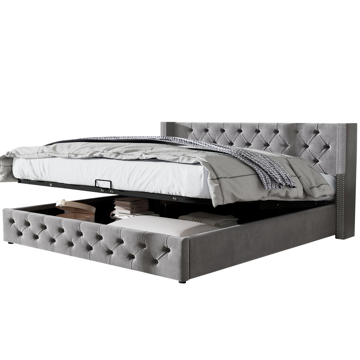 Upholstered Bed 180x200cm Double Hydraulic Lift Storage Ear-Shape Velvet Grey