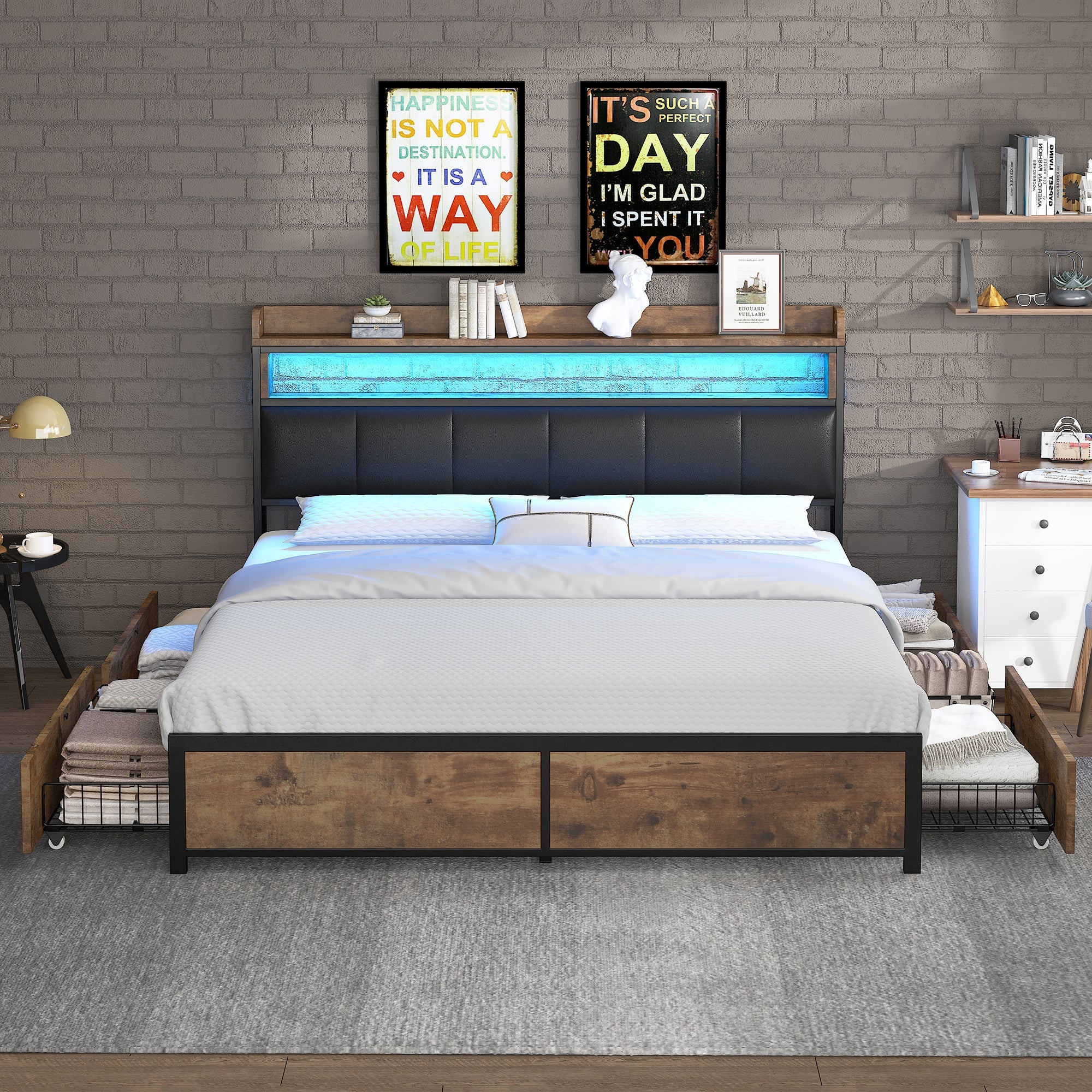 Upholstered LED Bed with 4 Drawers and Slatted Base, 160x200cm, Black PU