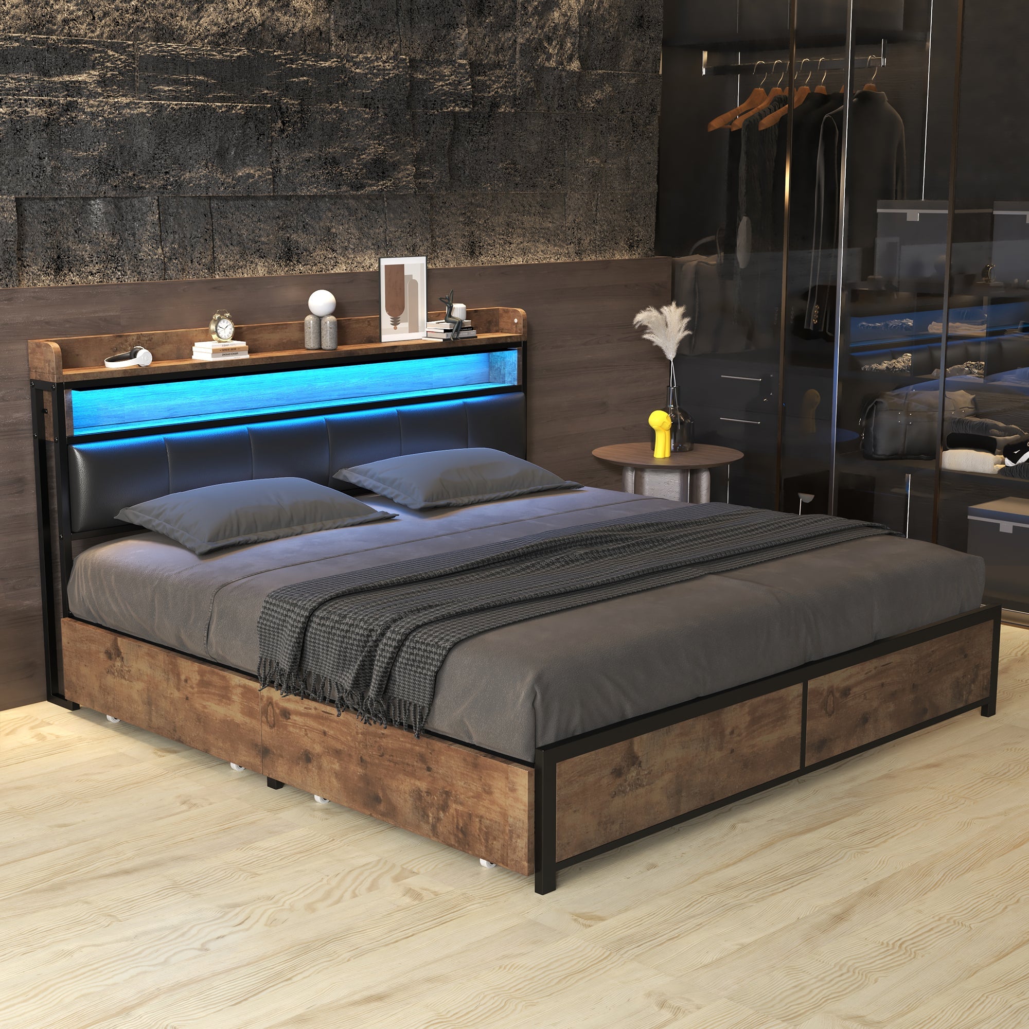 Upholstered LED Bed with 4 Drawers and Slatted Base, 160x200cm, Black PU