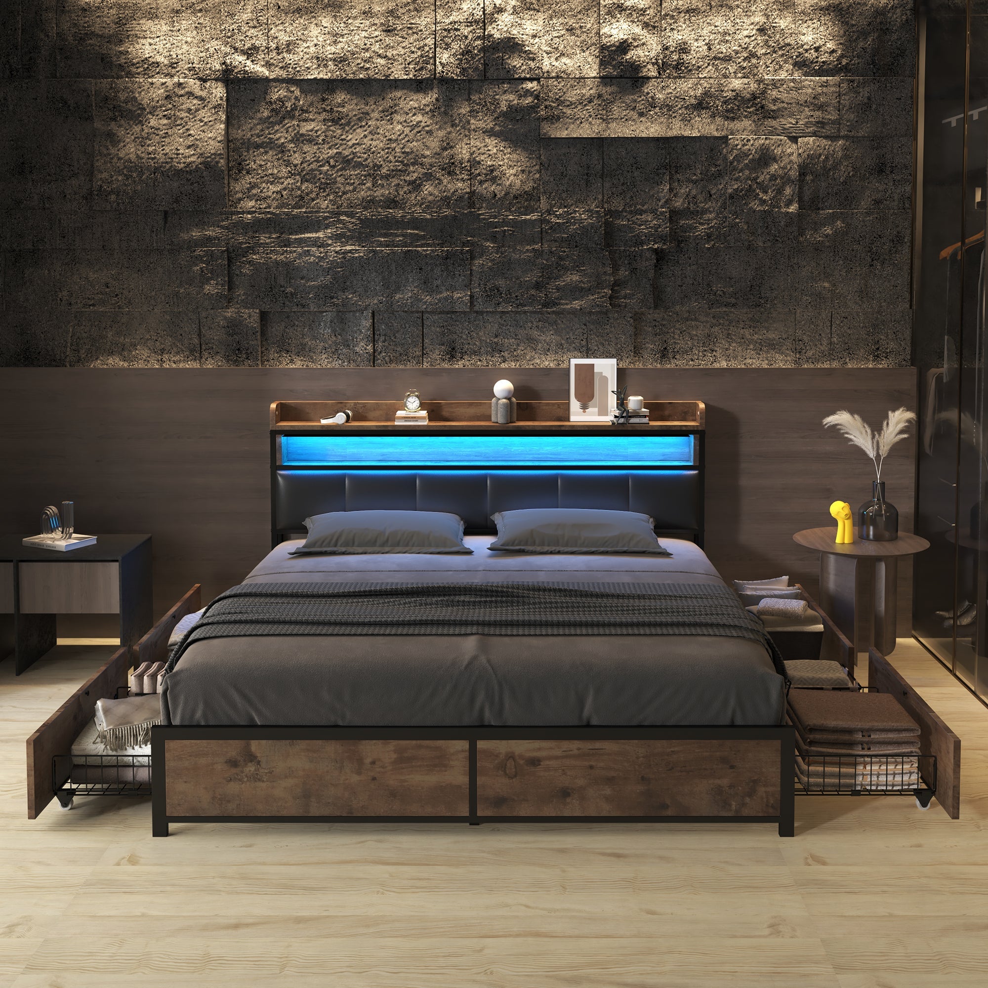 Upholstered LED Bed with 4 Drawers and Slatted Base, 160x200cm, Black PU