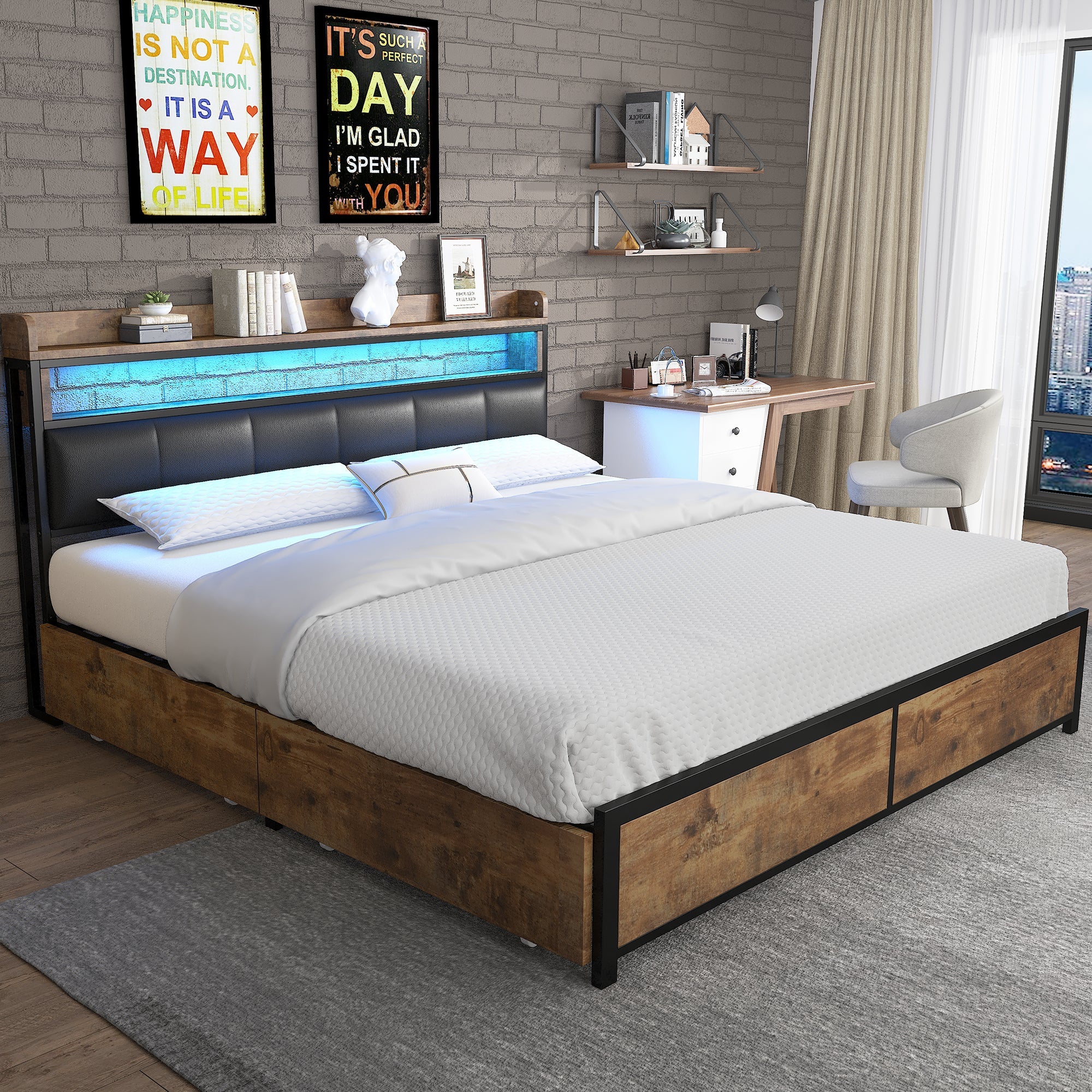Upholstered LED Bed with 4 Drawers and Slatted Base, 160x200cm, Black PU