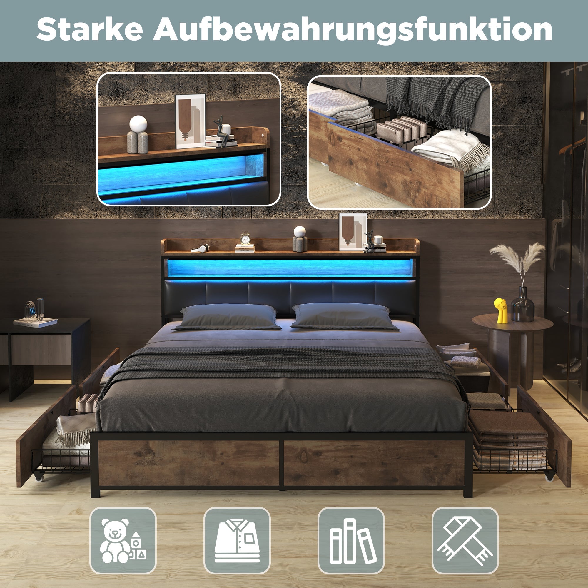 Upholstered LED Bed with 4 Drawers and Slatted Base, 160x200cm, Black PU