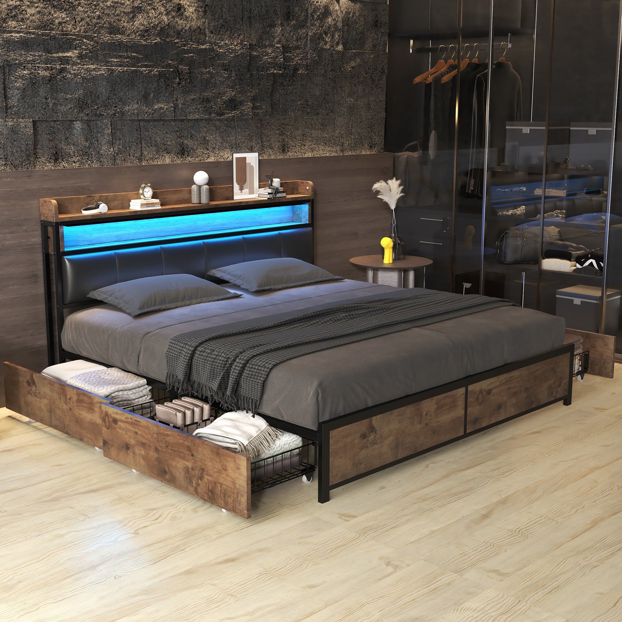 Upholstered LED Bed with 4 Drawers and Slatted Base, 160x200cm, Black PU