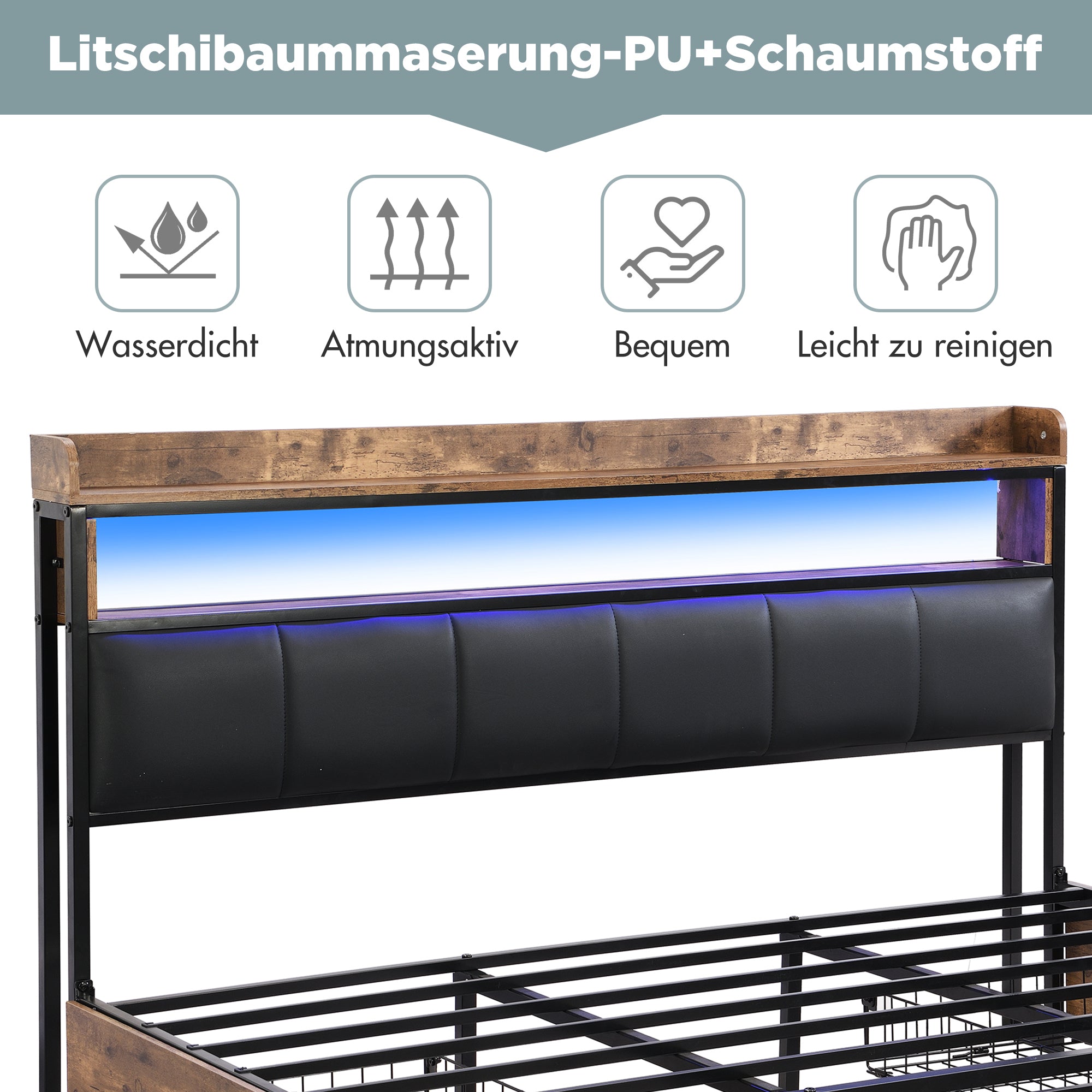 Upholstered Bed 140x200 LED 4-Drawer Storage PU Black