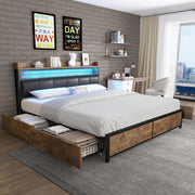Upholstered LED Bed with 4 Drawers and Slatted Base, 160x200cm, Black PU