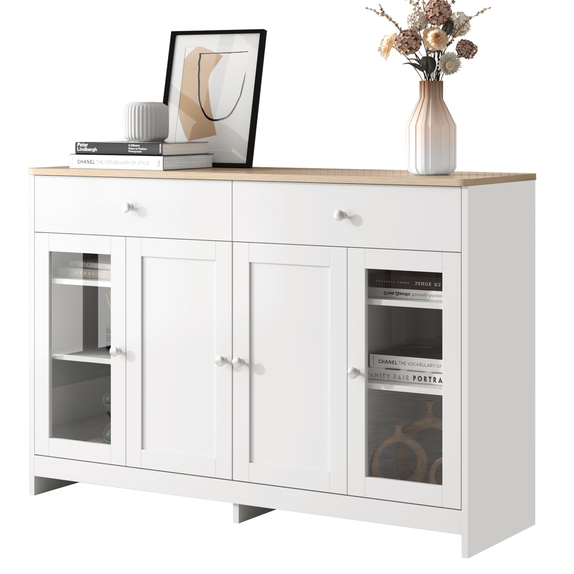 Sideboard with 4 Doors, 2 Drawers and 1 Glass Door, Wood and White