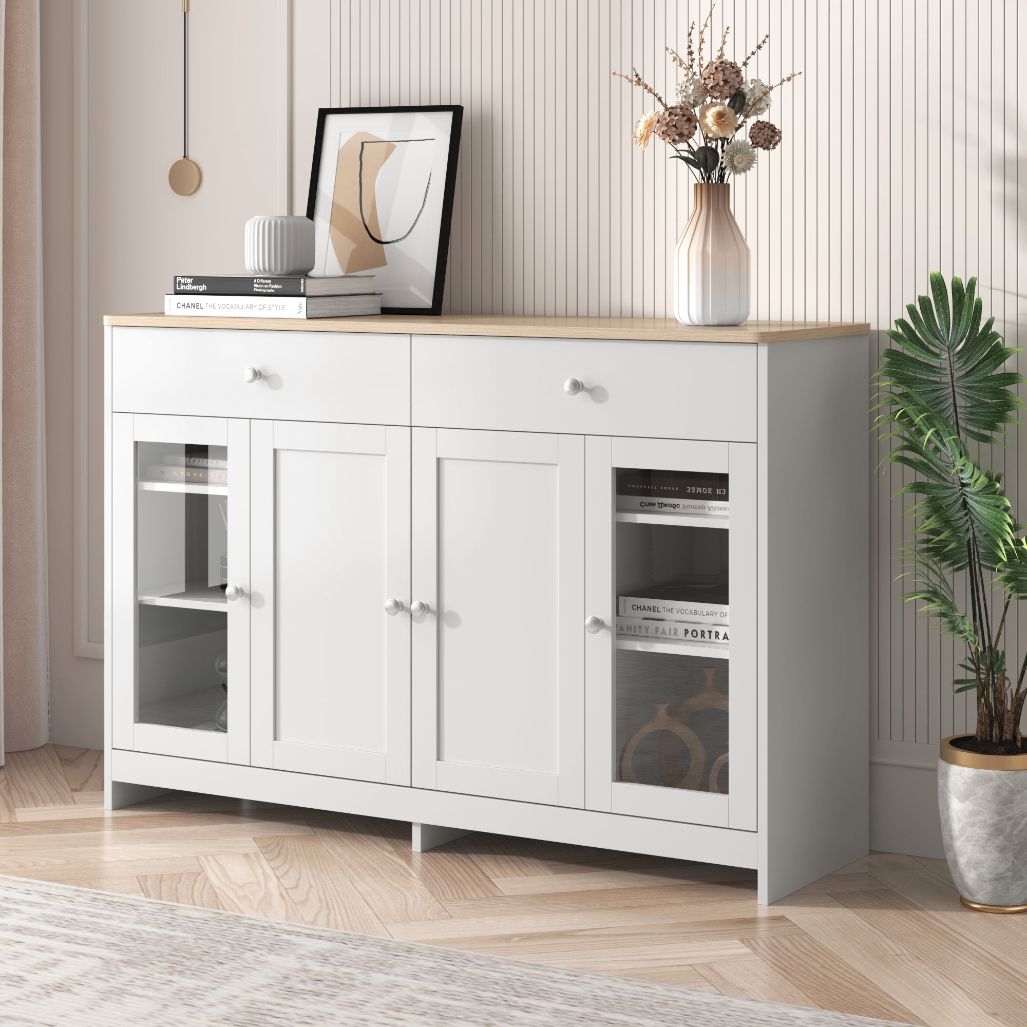 Sideboard with 4 Doors, 2 Drawers and 1 Glass Door, Wood and White