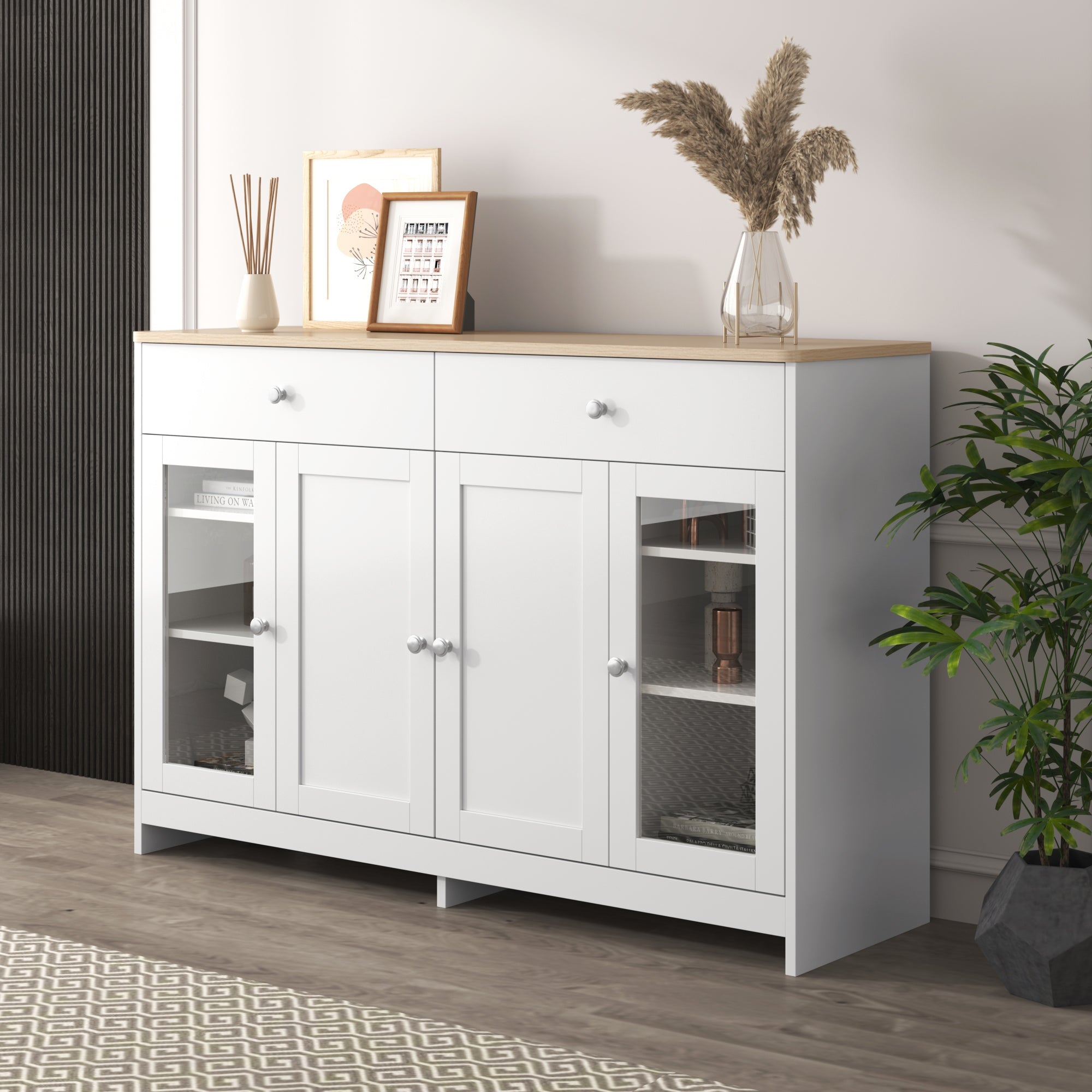 Sideboard with 4 Doors, 2 Drawers and 1 Glass Door, Wood and White