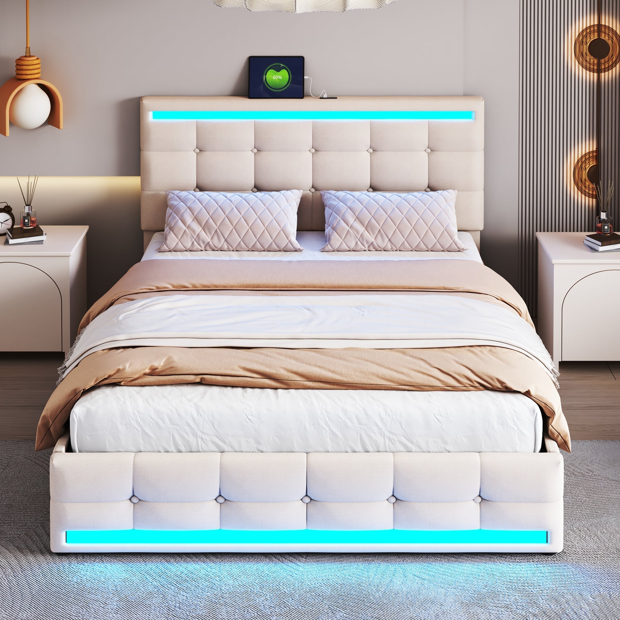 Upholstered Bed, 140x200 LED with 4 Drawers, USB Charging, Beige Linen
