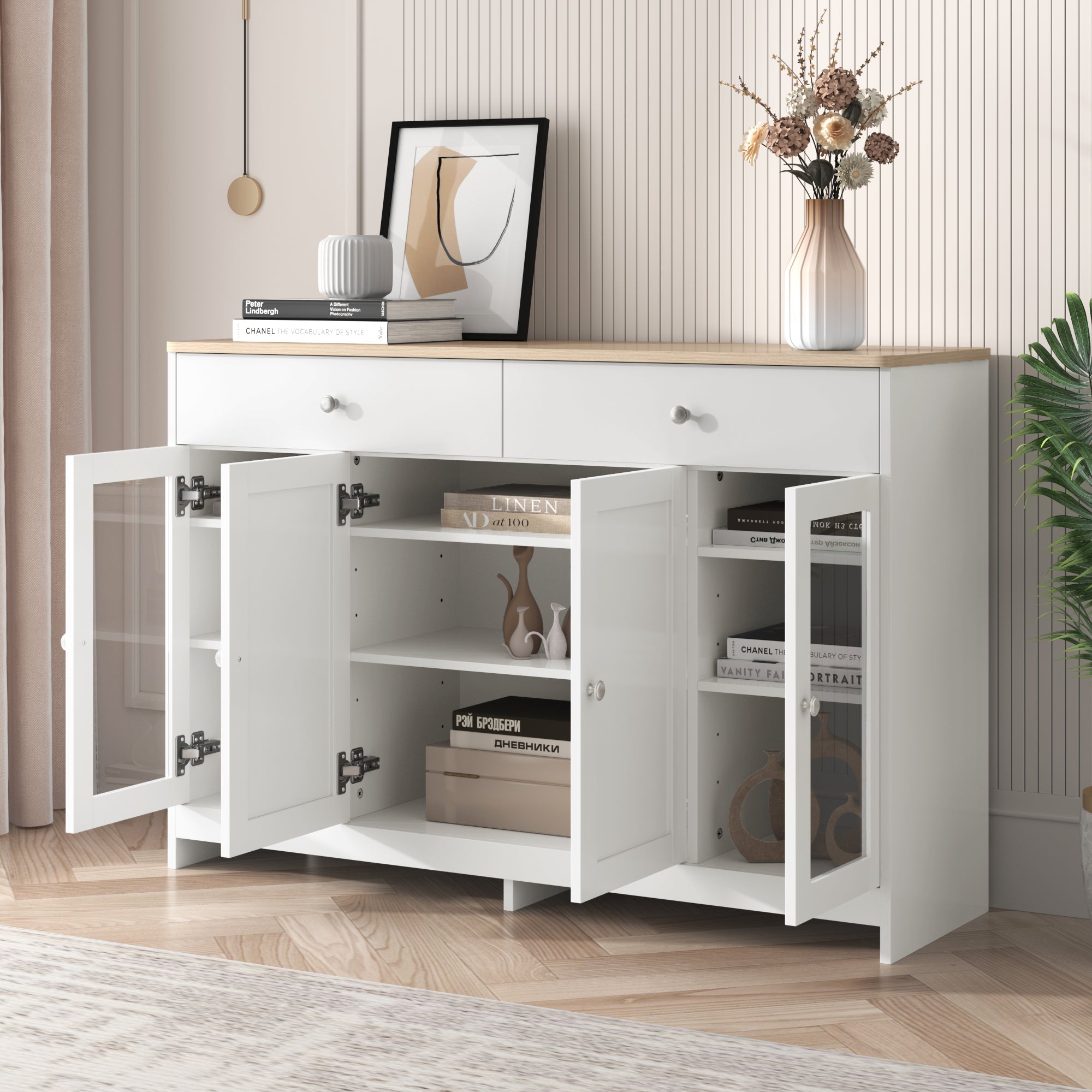 Sideboard with 4 Doors, 2 Drawers and 1 Glass Door, Wood and White