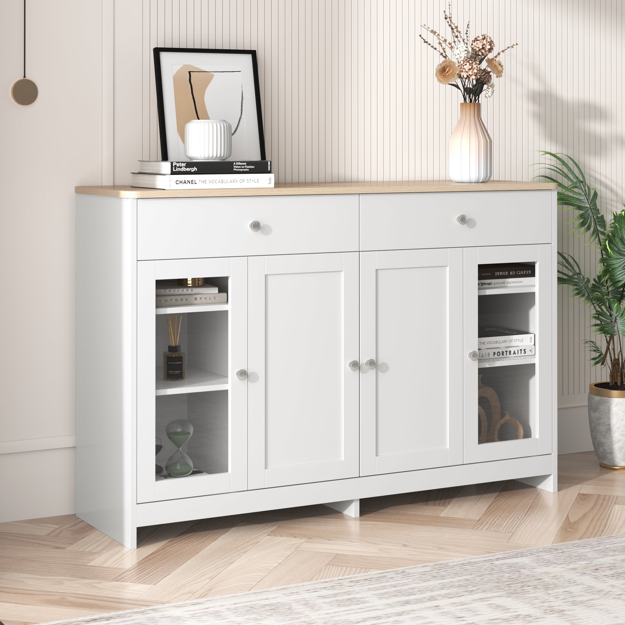 Sideboard with 4 Doors, 2 Drawers and 1 Glass Door, Wood and White