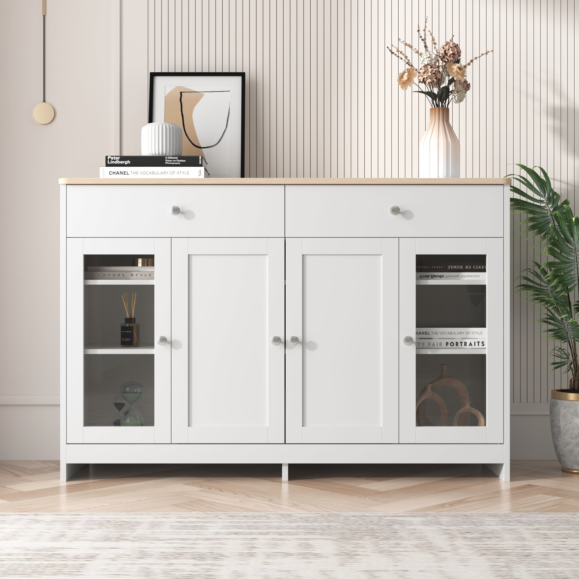 Sideboard with 4 Doors, 2 Drawers and 1 Glass Door, Wood and White