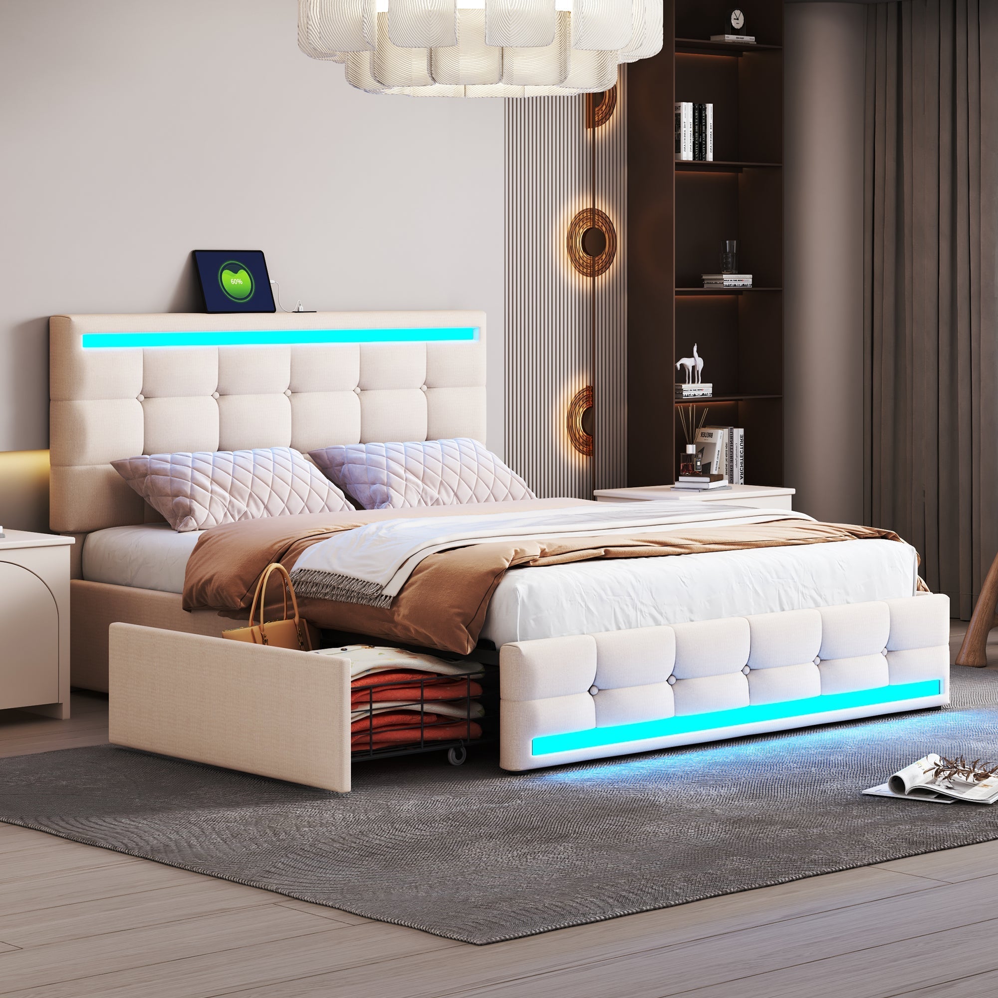 Upholstered Bed, 140x200 LED with 4 Drawers, USB Charging, Beige Linen