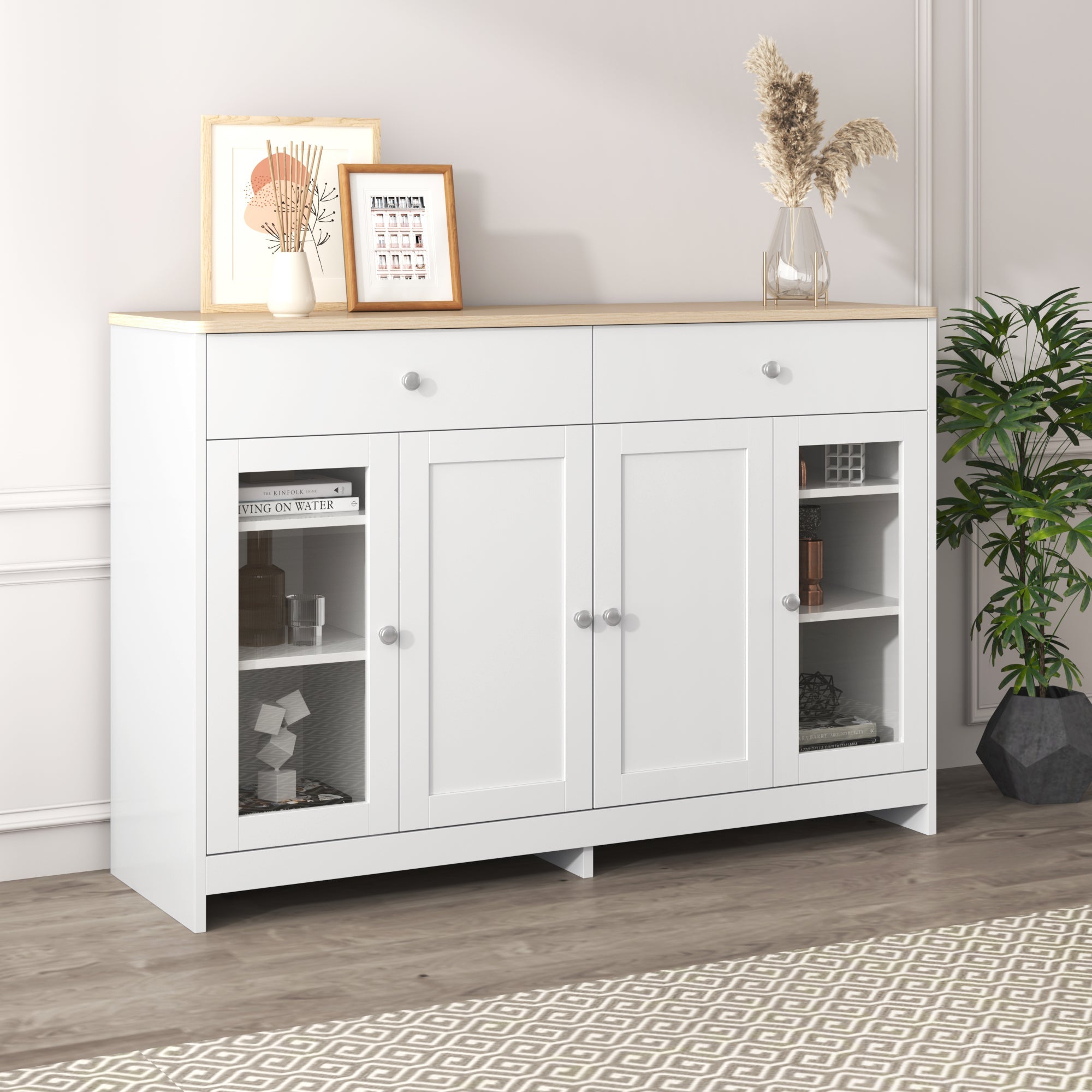 Sideboard with 4 Doors, 2 Drawers and 1 Glass Door, Wood and White
