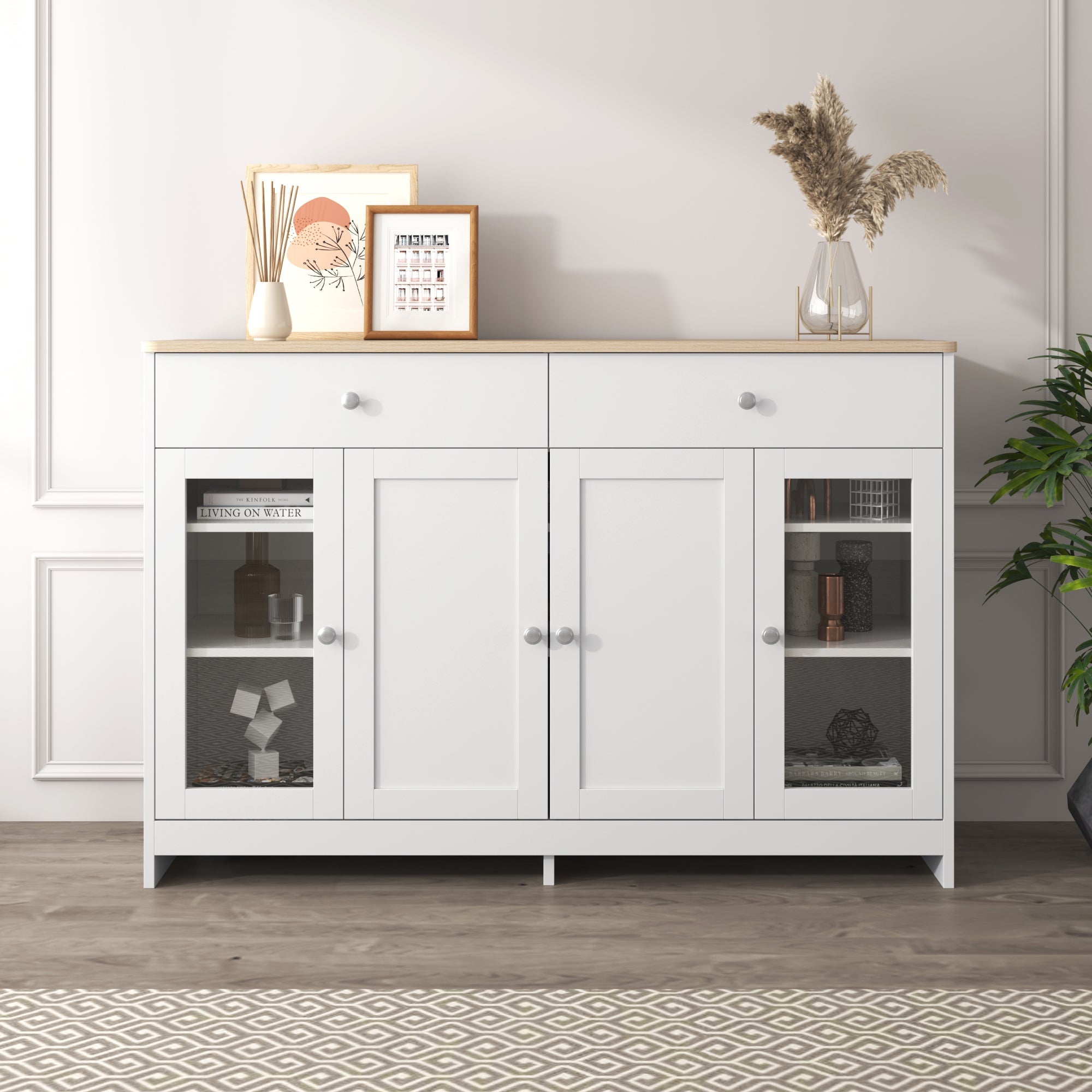 Sideboard with 4 Doors, 2 Drawers and 1 Glass Door, Wood and White