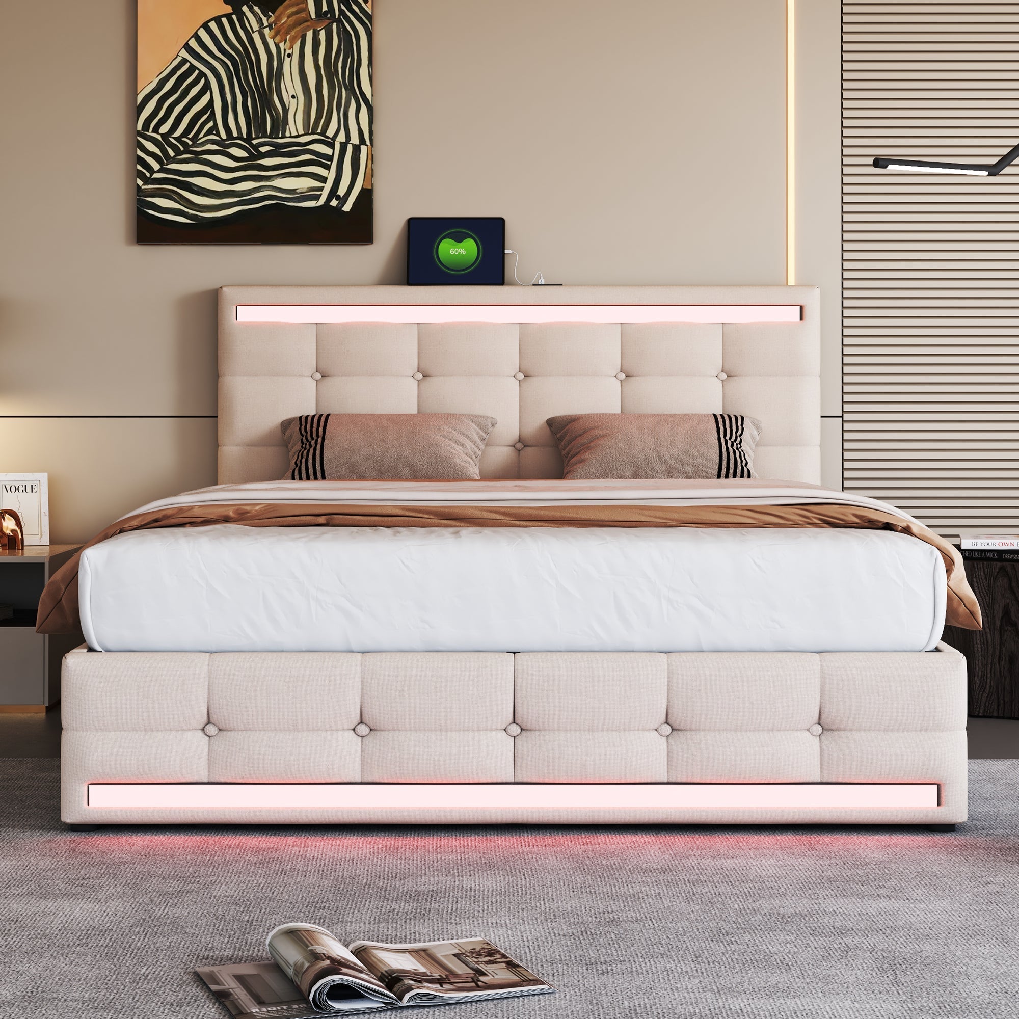 Upholstered Bed, 140x200 LED with 4 Drawers, USB Charging, Beige Linen