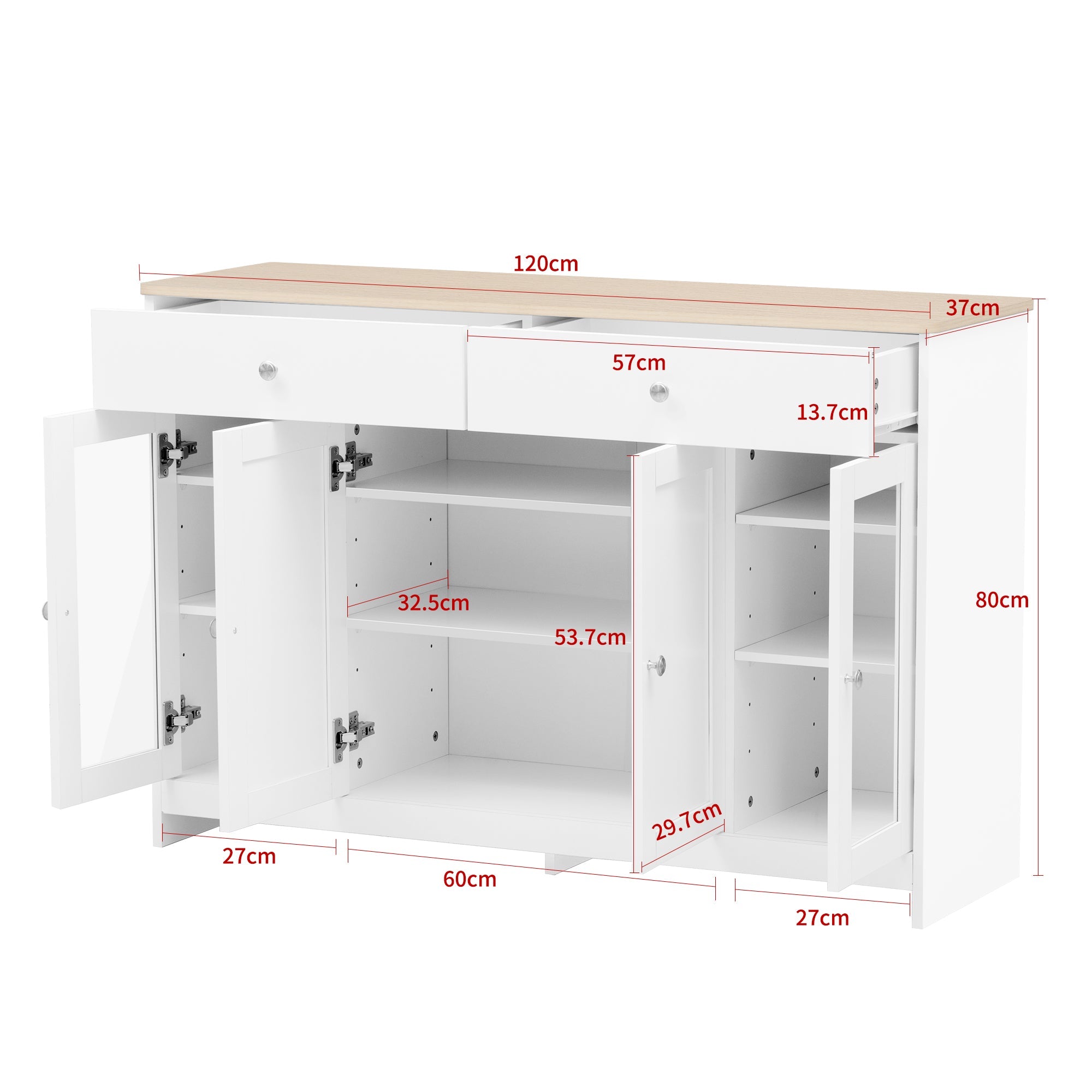 Sideboard with 4 Doors, 2 Drawers and 1 Glass Door, Wood and White