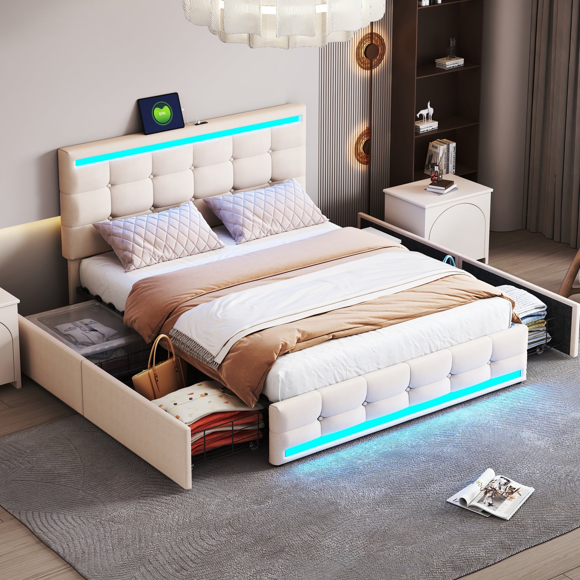 Upholstered Bed, 140x200 LED with 4 Drawers, USB Charging, Beige Linen