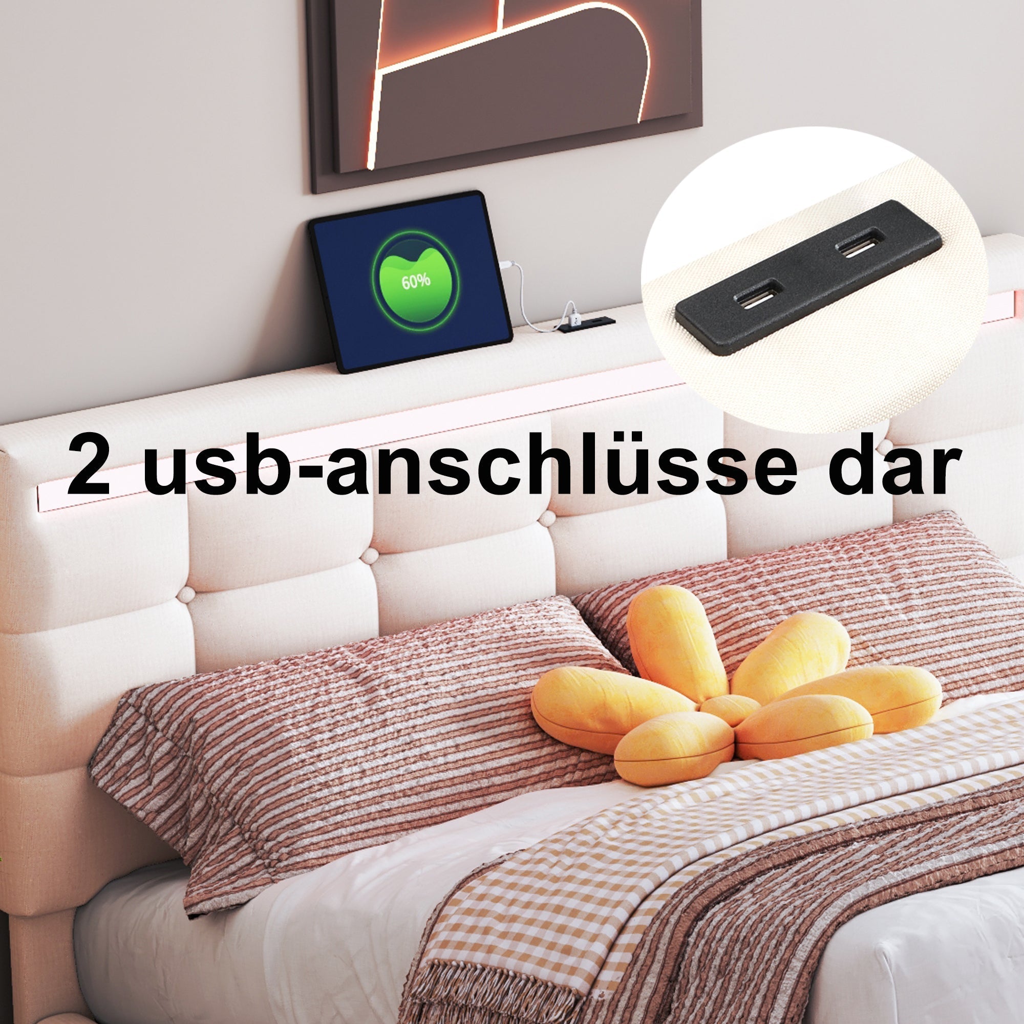 Upholstered Bed, 140x200 LED with 4 Drawers, USB Charging, Beige Linen