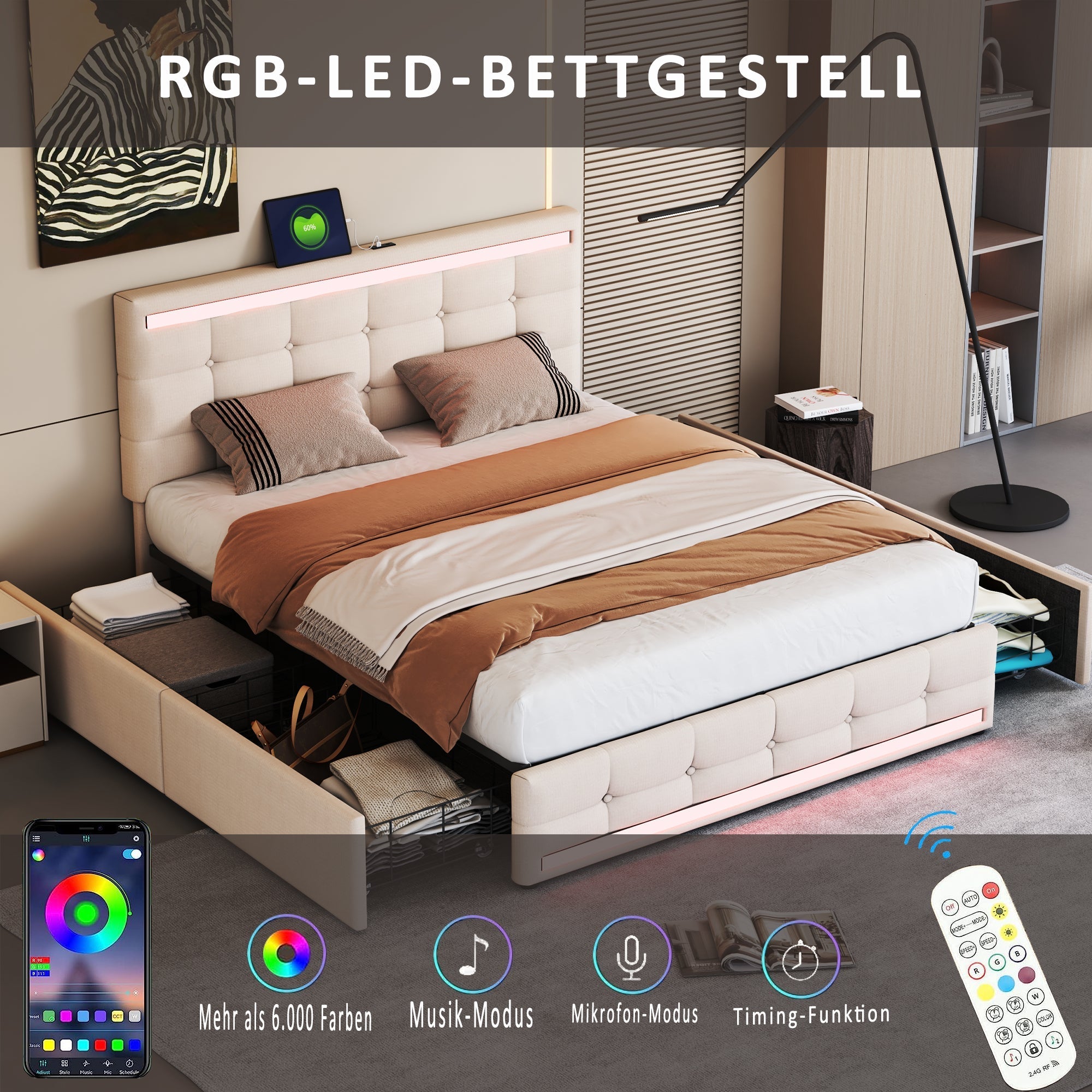 Upholstered Bed, 140x200 LED with 4 Drawers, USB Charging, Beige Linen