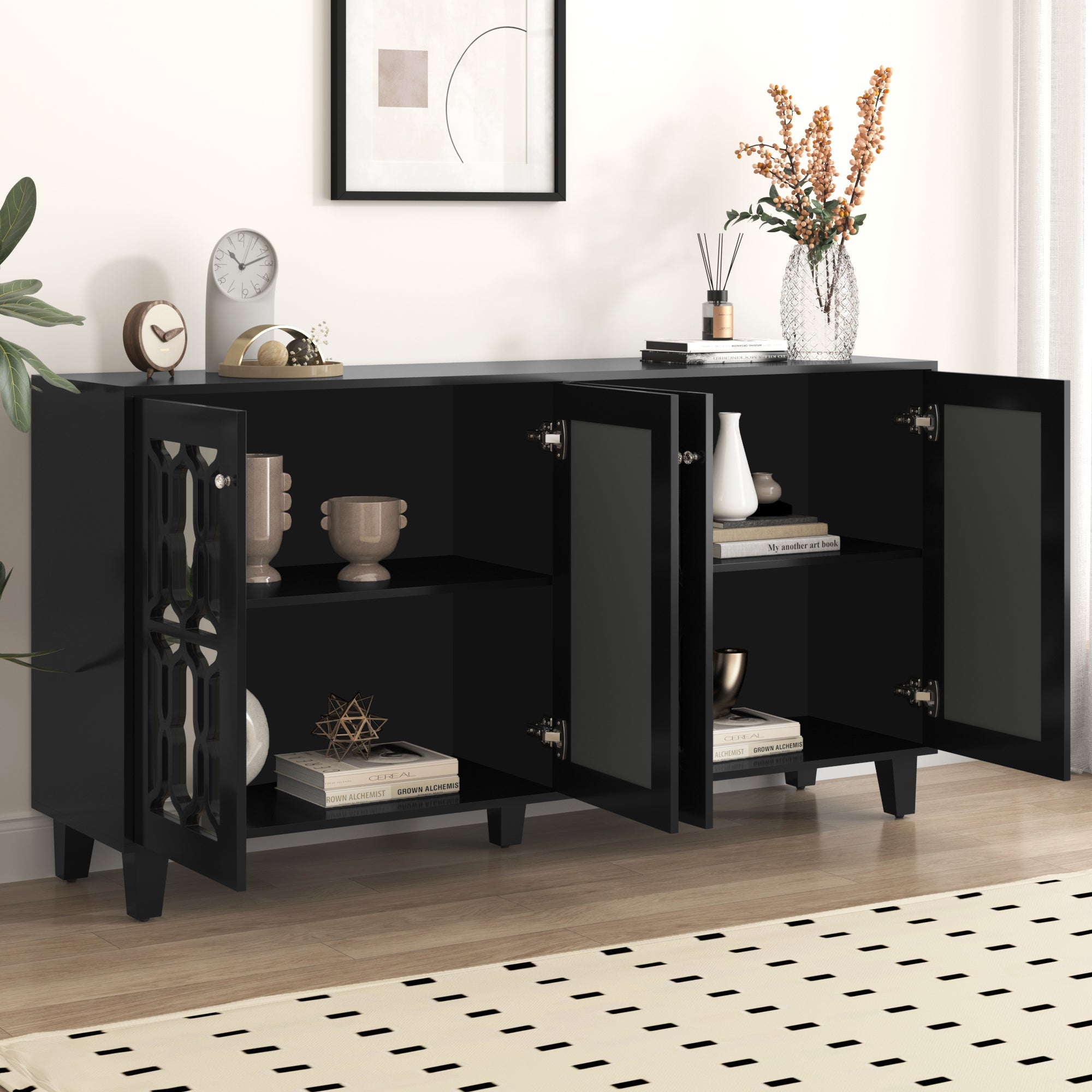 Sideboard, Mirrored with Crystal Handles, Four Doors, Black