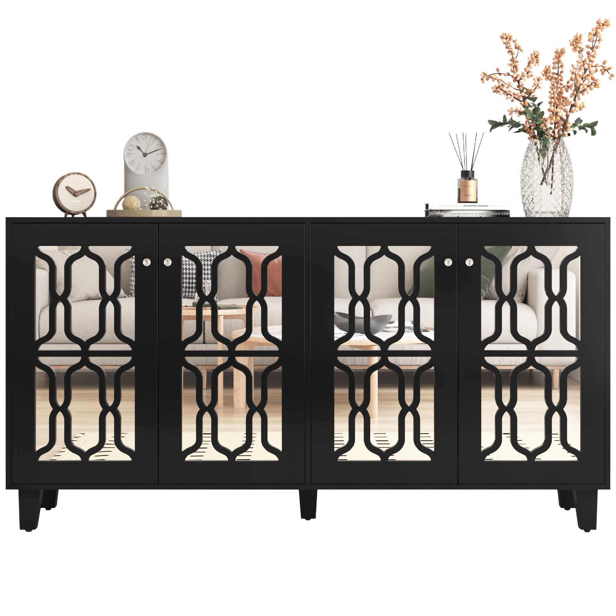 Sideboard, Mirrored with Crystal Handles, Four Doors, Black
