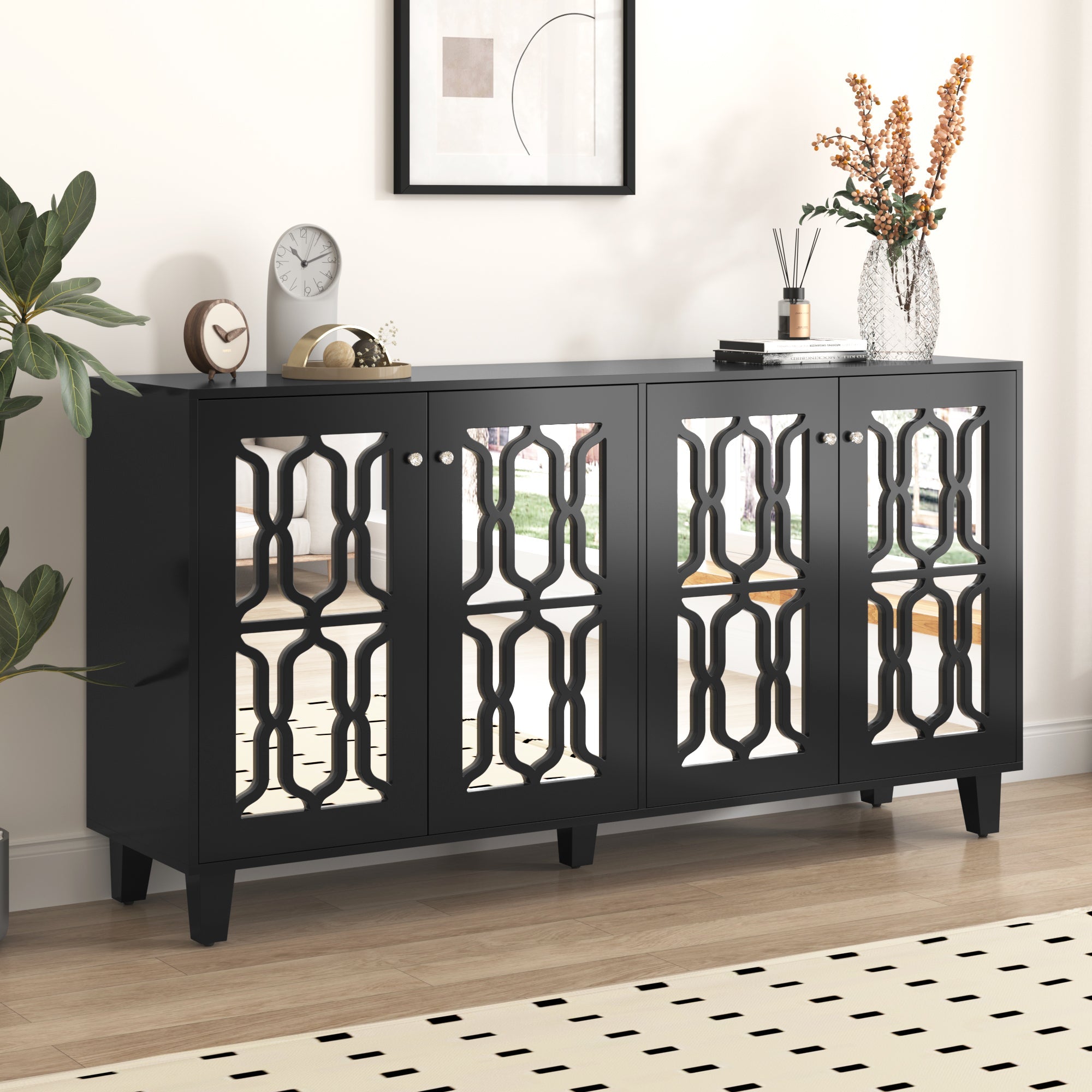 Sideboard, Mirrored with Crystal Handles, Four Doors, Black