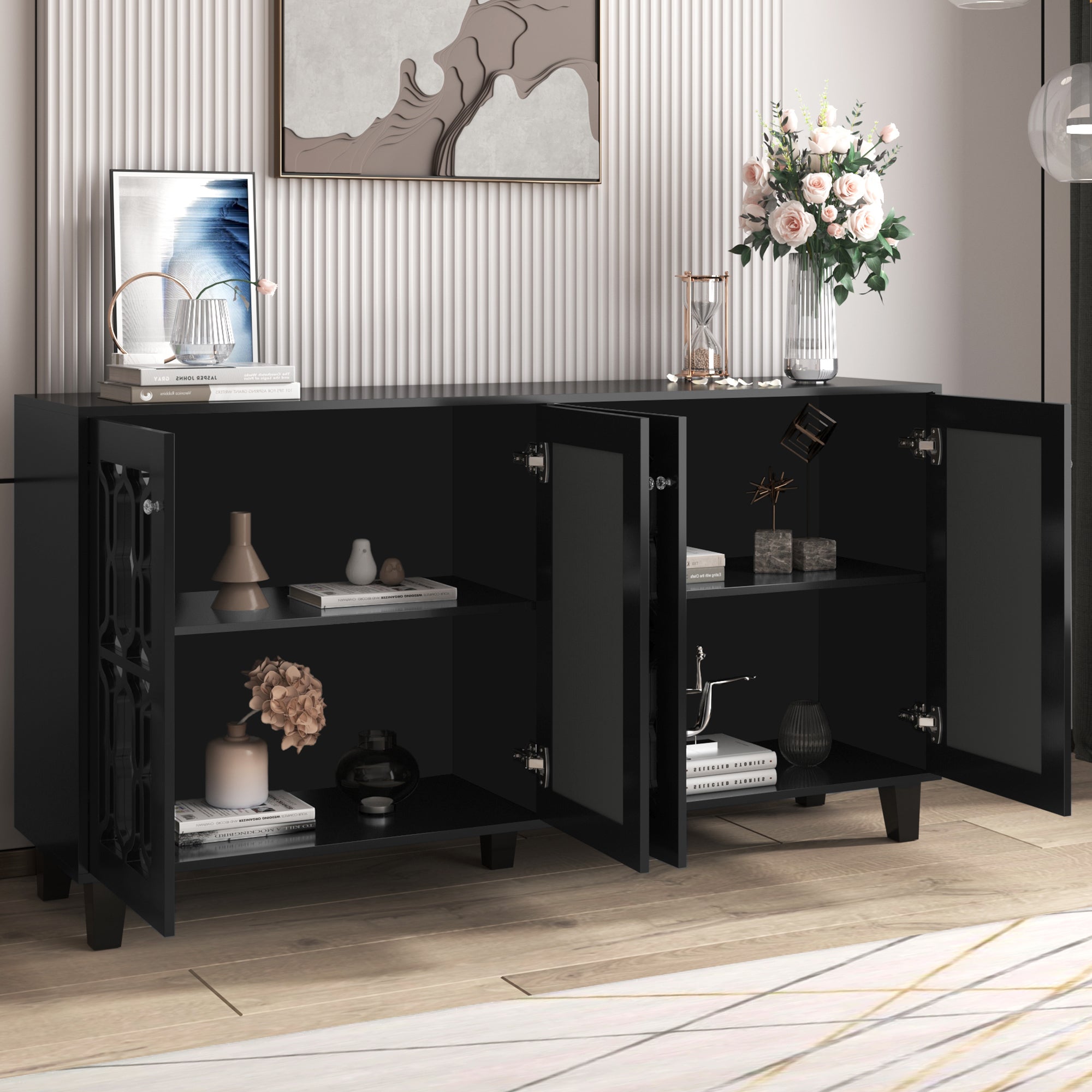 Sideboard, Mirrored with Crystal Handles, Four Doors, Black