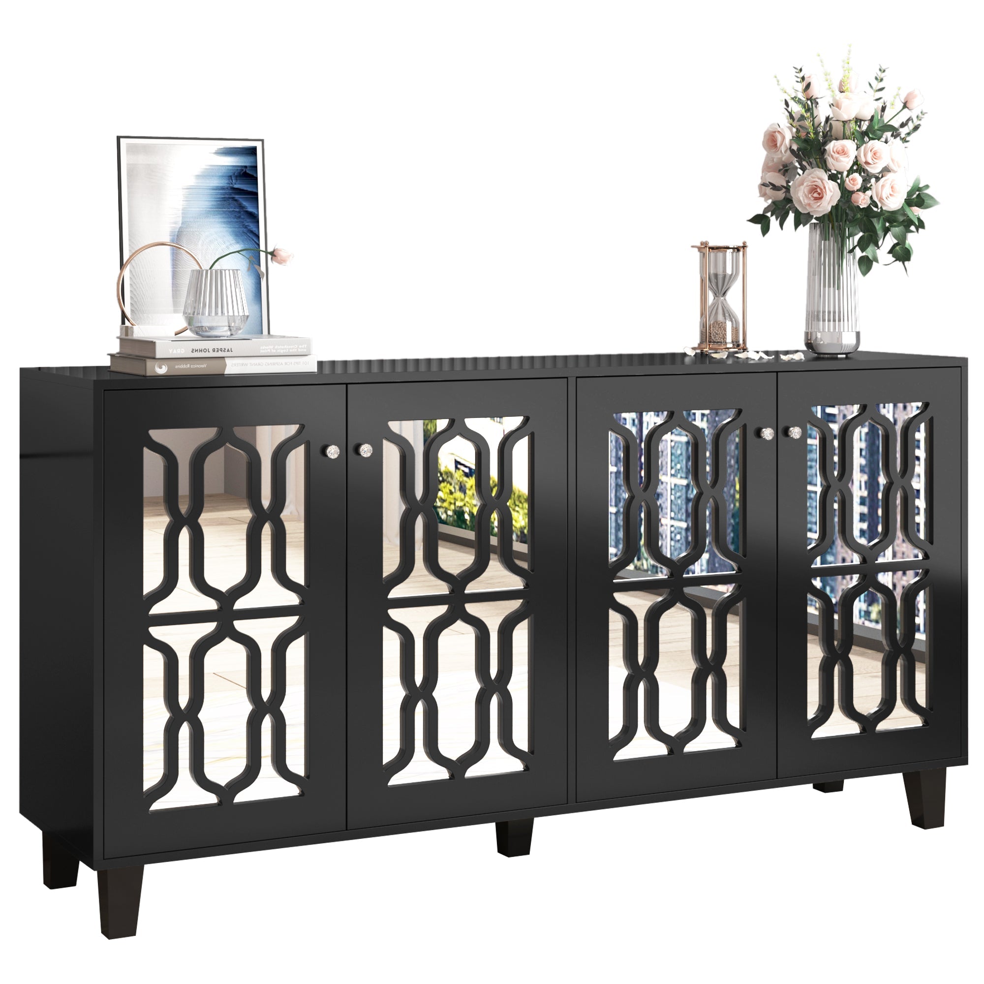Sideboard, Mirrored with Crystal Handles, Four Doors, Black
