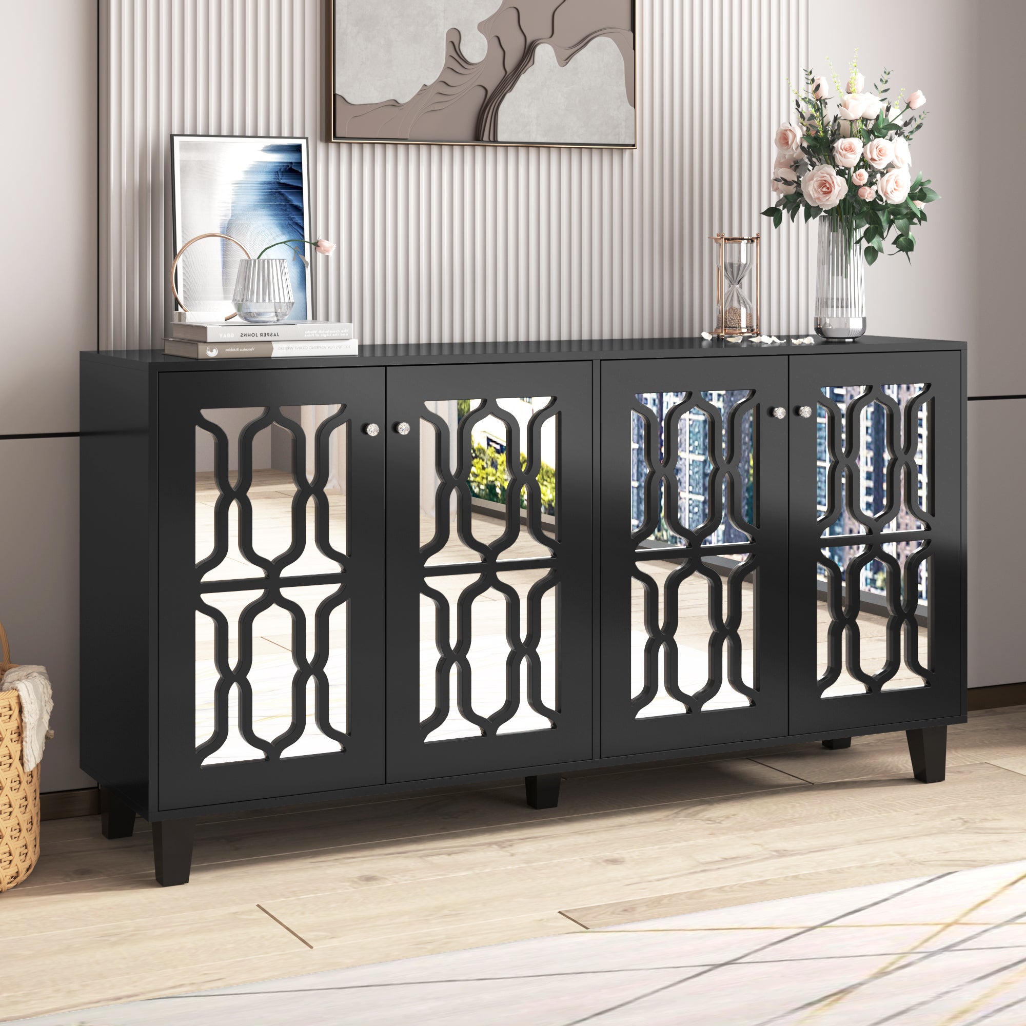 Sideboard, Mirrored with Crystal Handles, Four Doors, Black