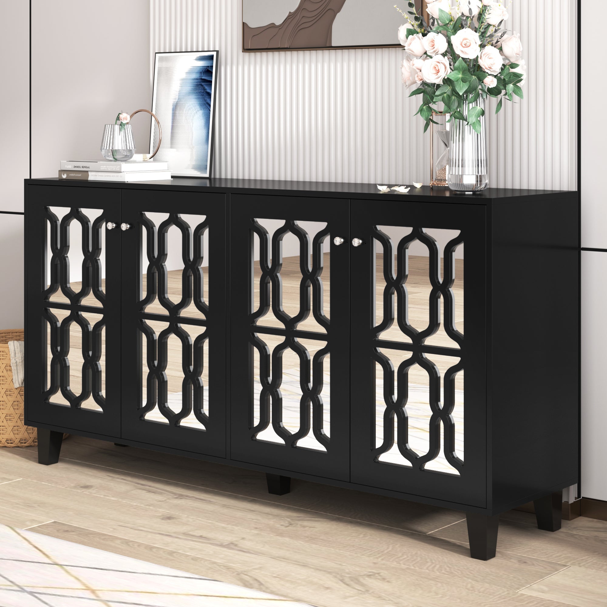 Sideboard, Mirrored with Crystal Handles, Four Doors, Black