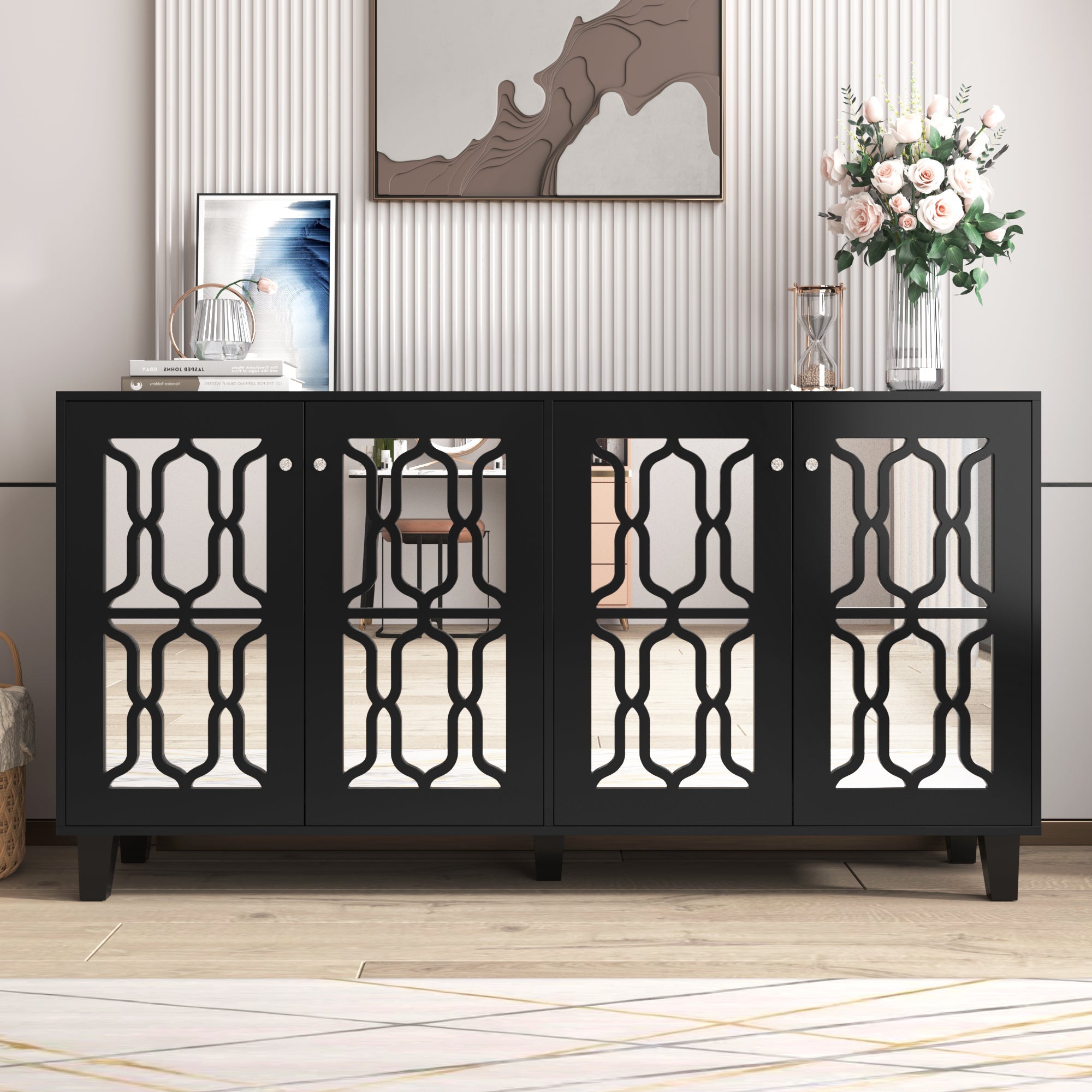 Sideboard, Mirrored with Crystal Handles, Four Doors, Black