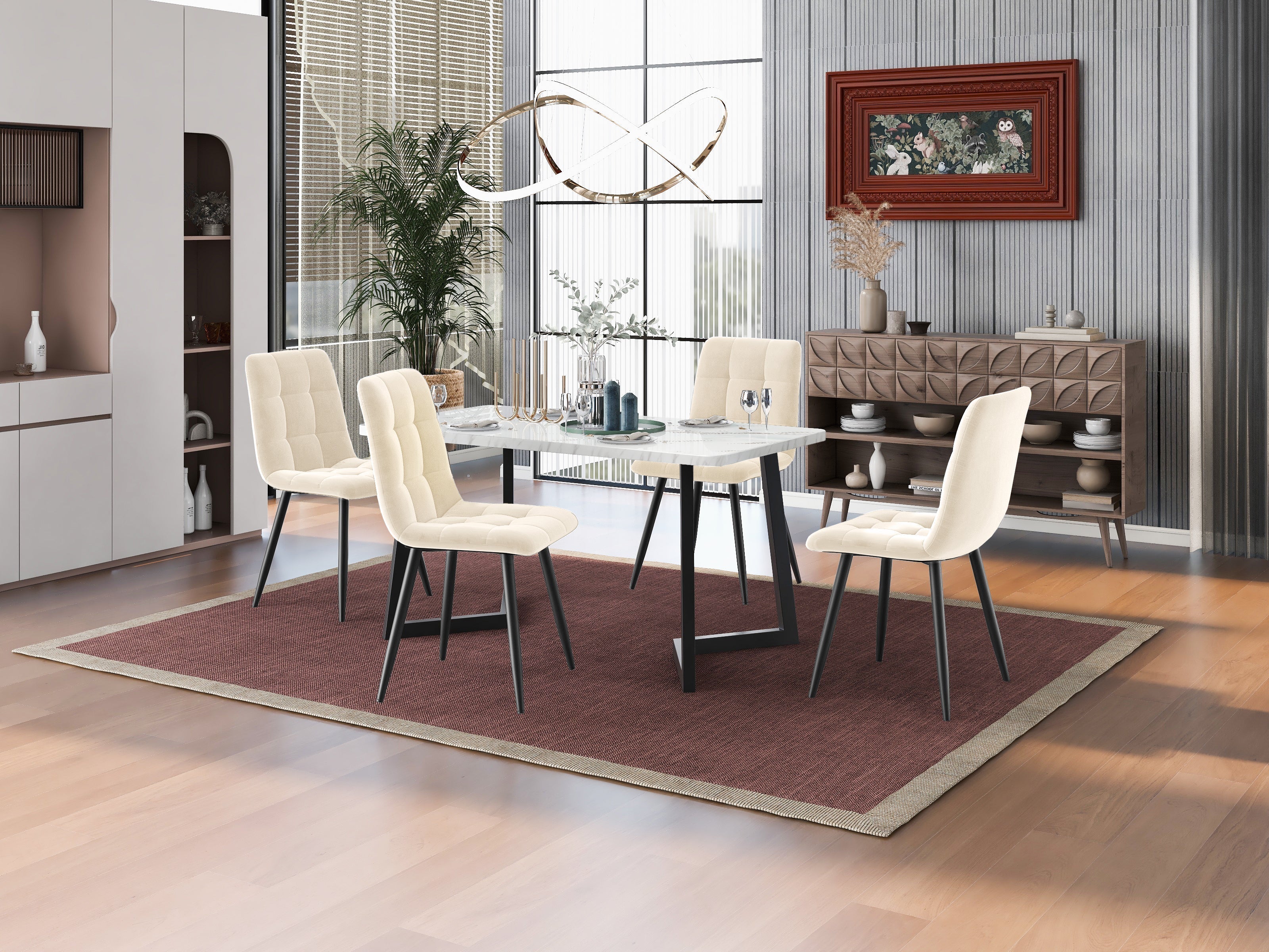 Dining Chair Set of 4 Upholstered with Backrest, Beige Velvet Metal Frame