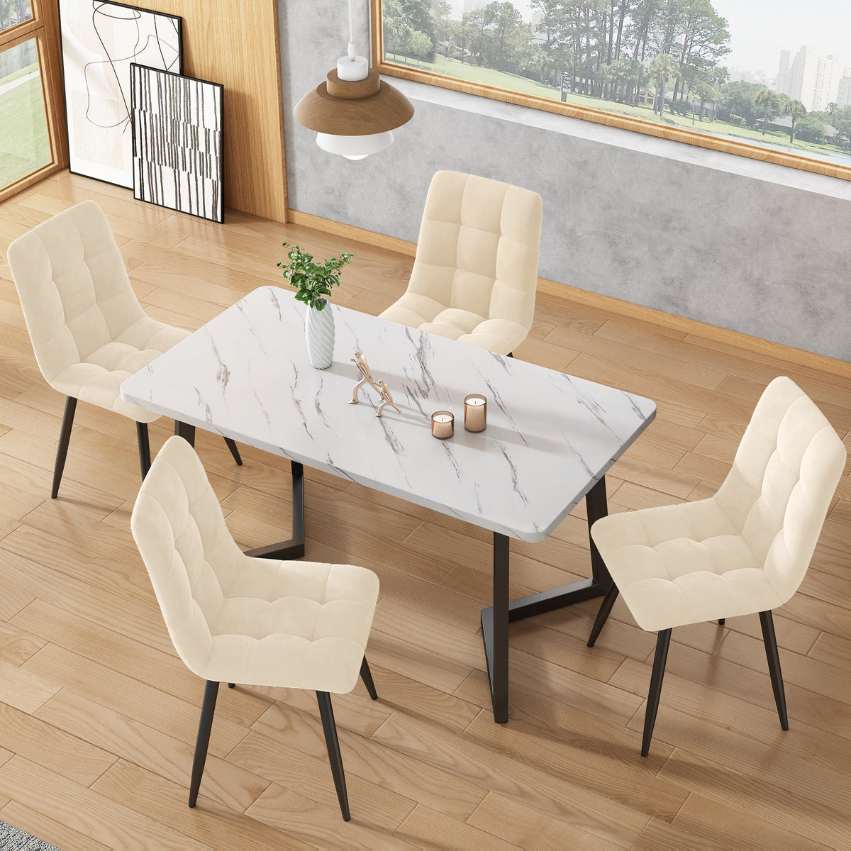 Dining Chair Set of 4 Upholstered with Backrest, Beige Velvet Metal Frame