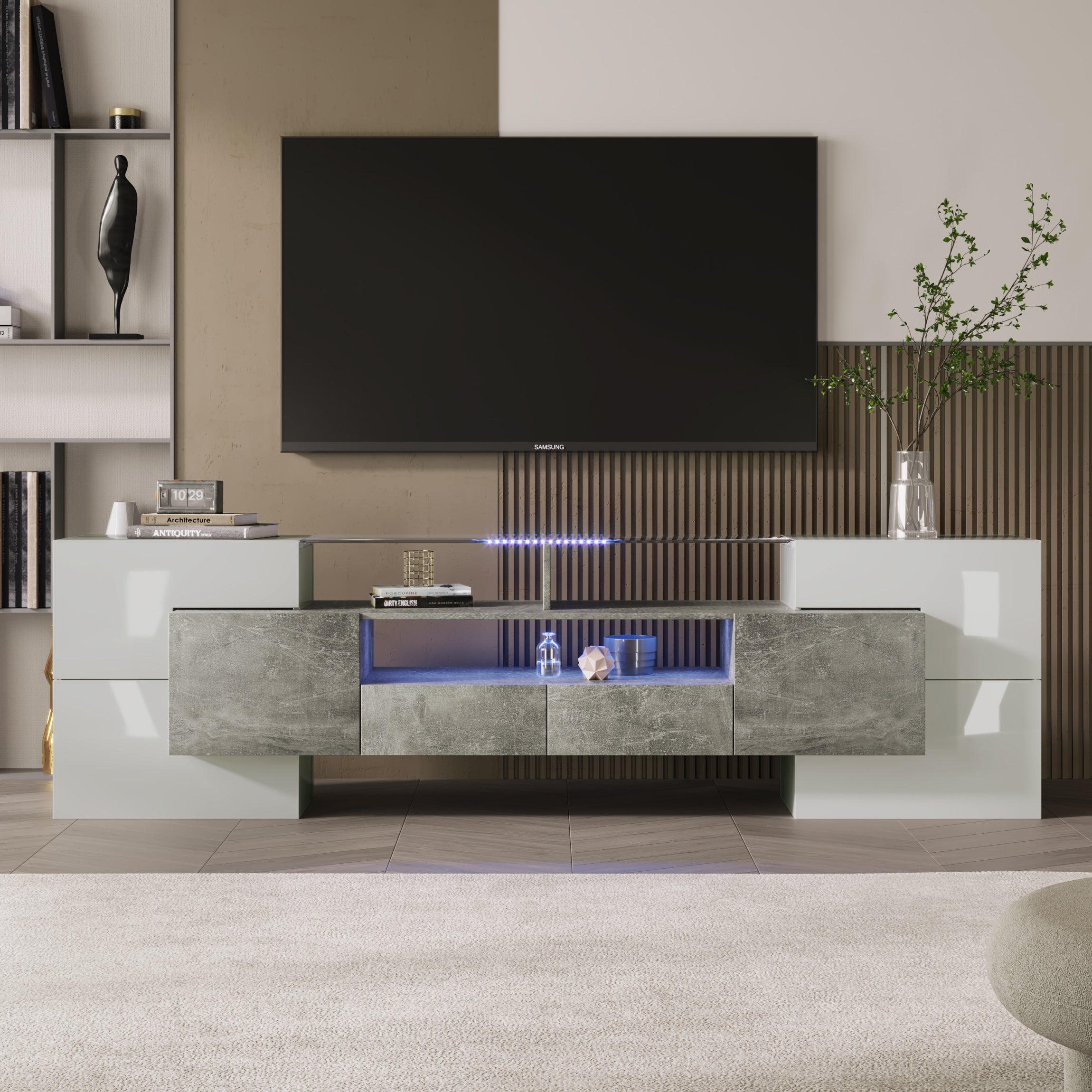 TV Cabinet, 200cm LED Lighting, High-Gloss White