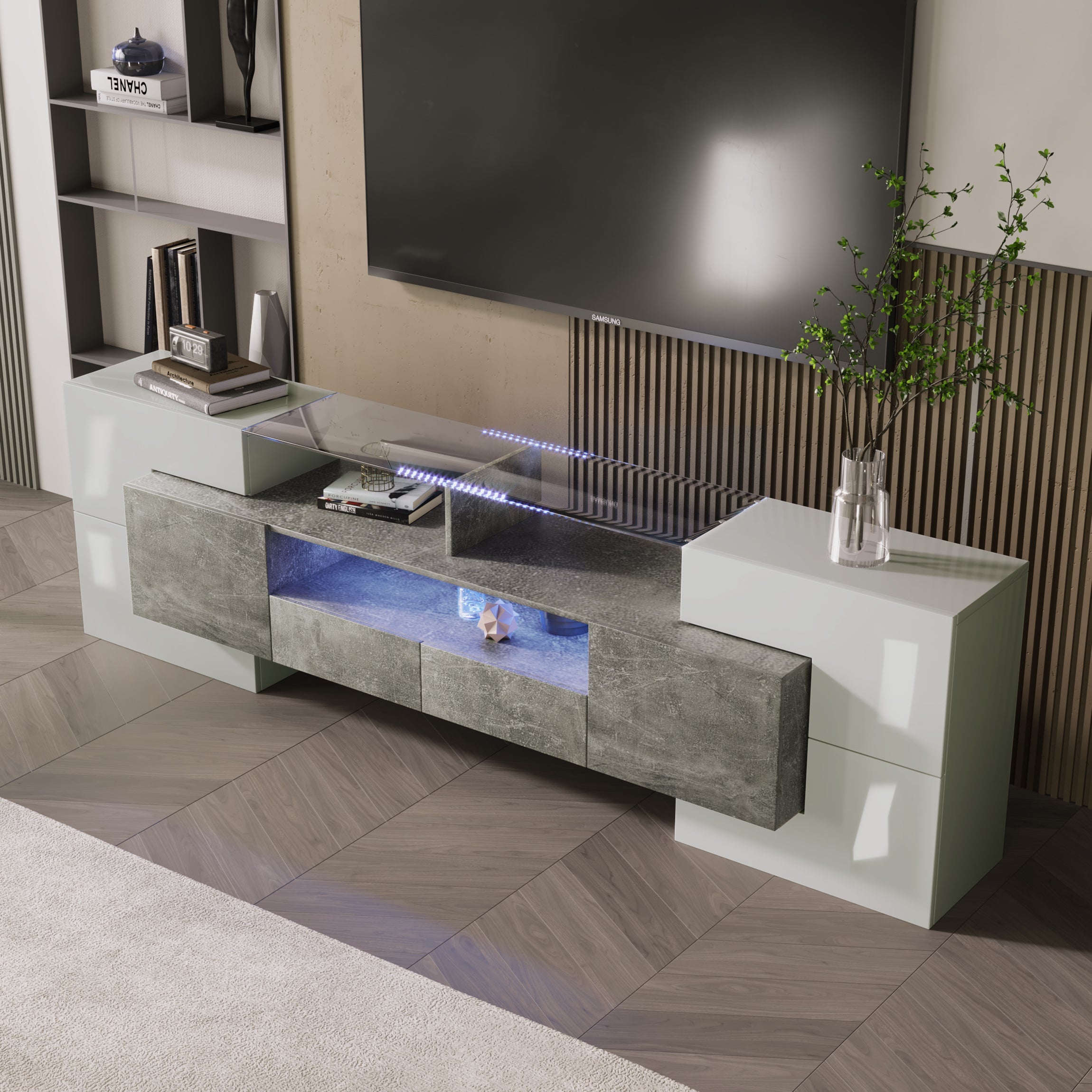 TV Cabinet, 200cm LED Lighting, High-Gloss White