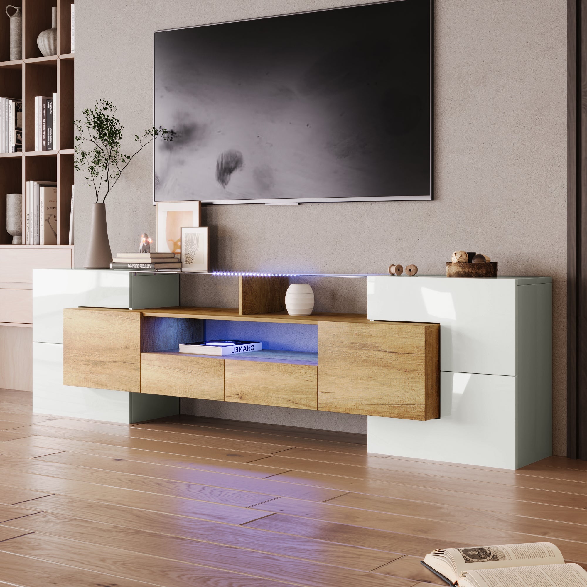 TV Cabinet, 200 cm LED Lighting, High-Gloss White