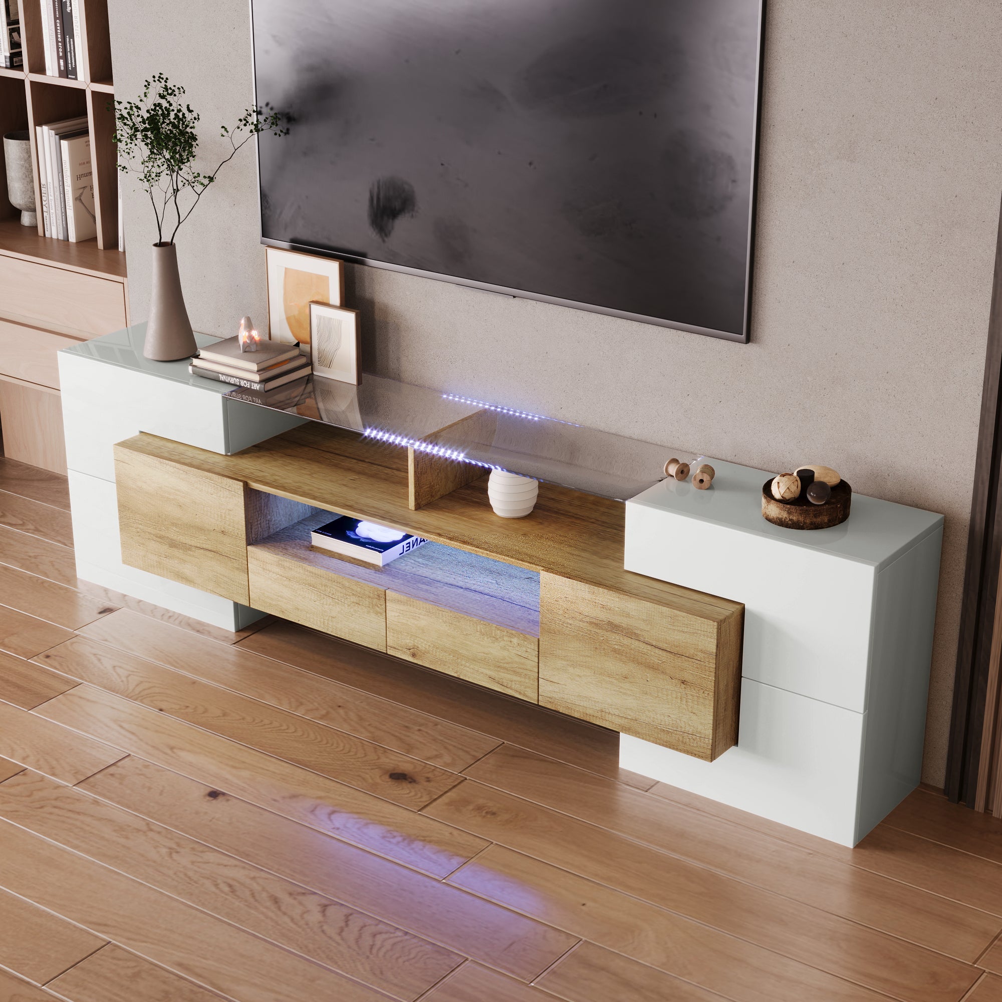 TV Cabinet, 200 cm LED Lighting, High-Gloss White