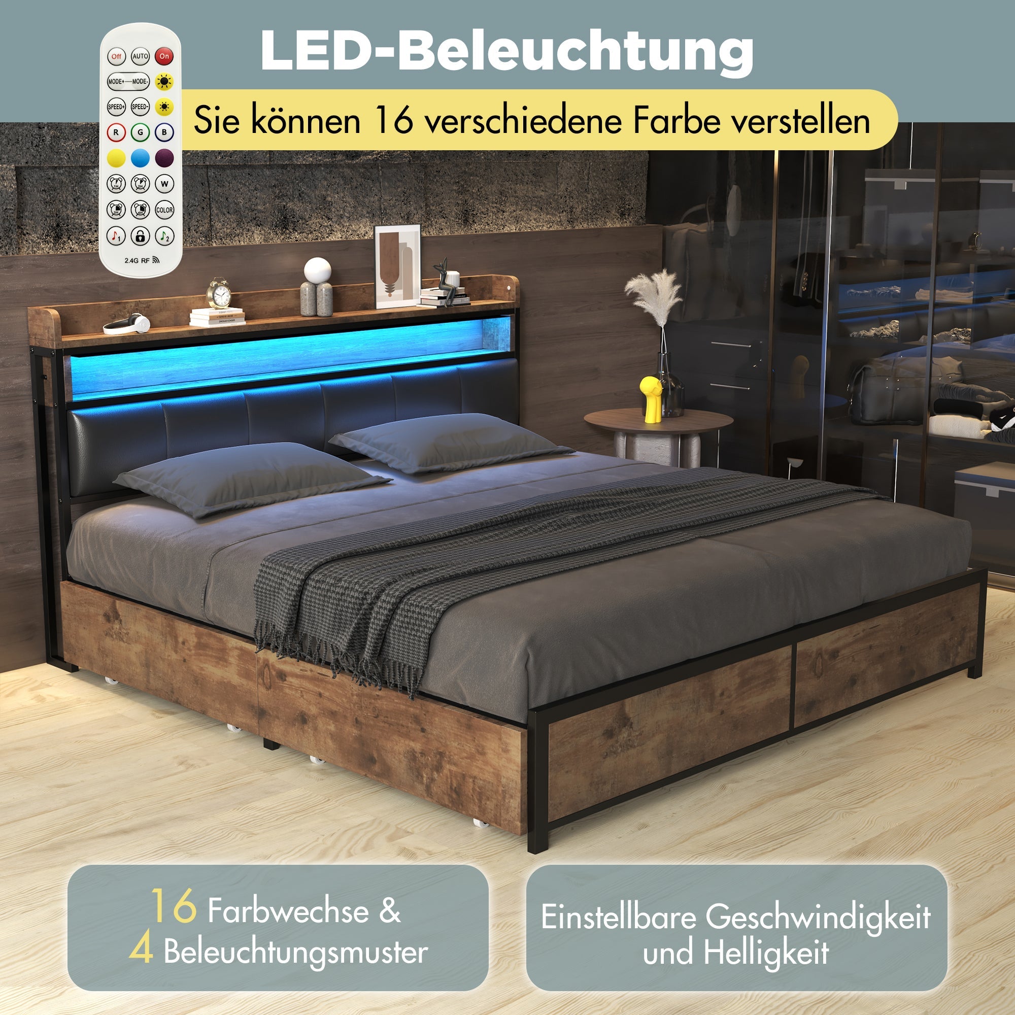 Upholstered LED Bed with 4 Drawers and Slatted Base, 160x200cm, Black PU