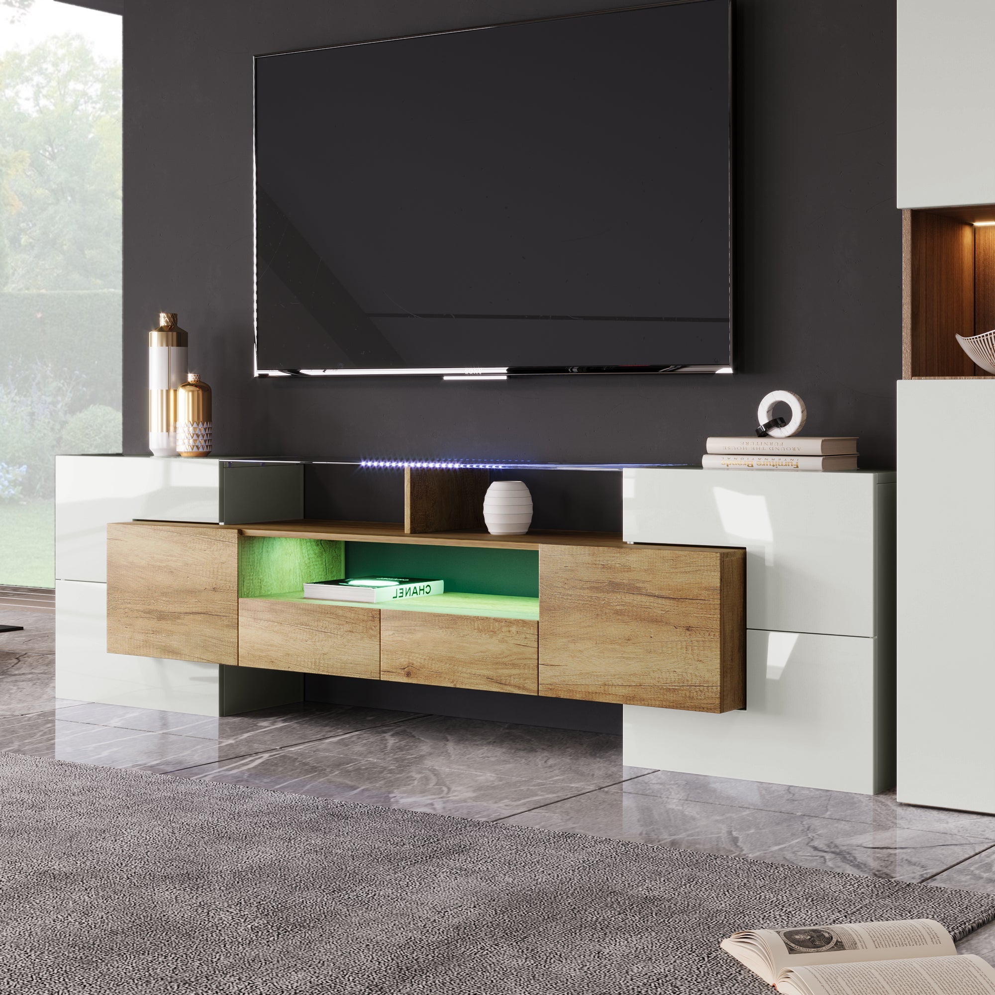 TV Cabinet, 200 cm LED Lighting, High-Gloss White