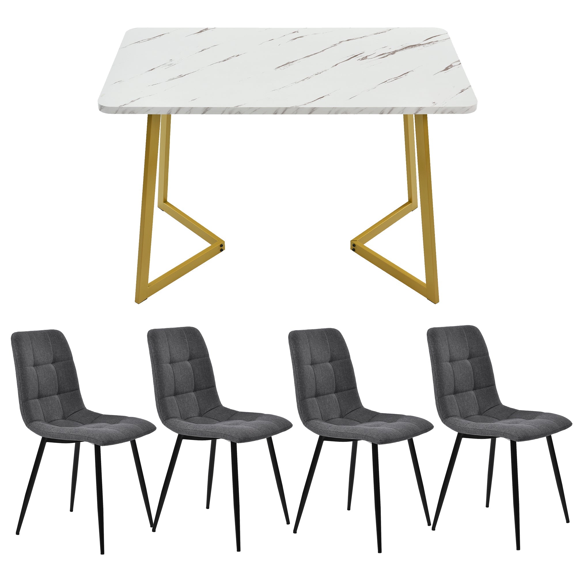 5-Piece Dining Set 117cm Rectangular Table 4 Dark Grey Linen Chairs Gold Legs
