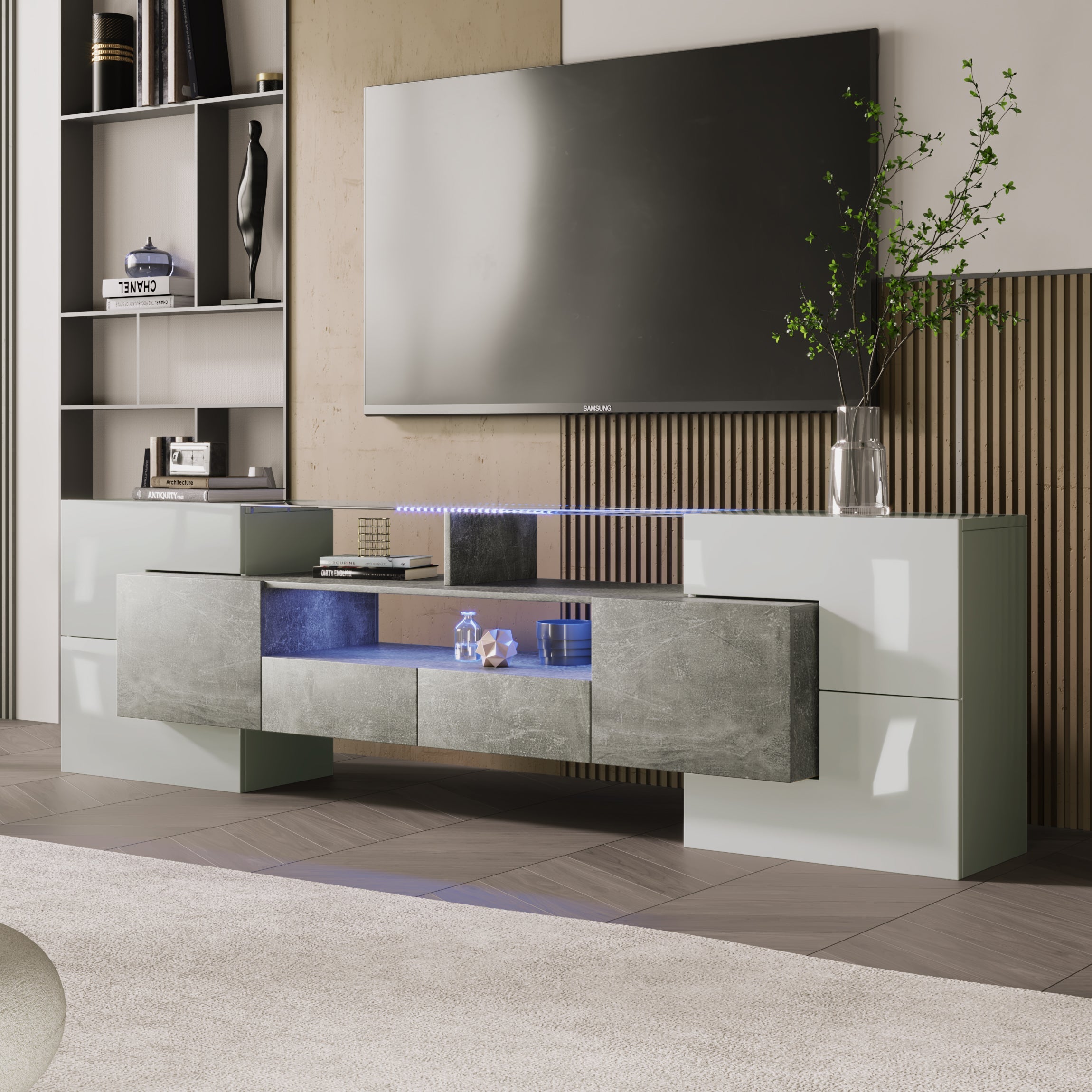 TV Cabinet, 200cm LED Lighting, High-Gloss White