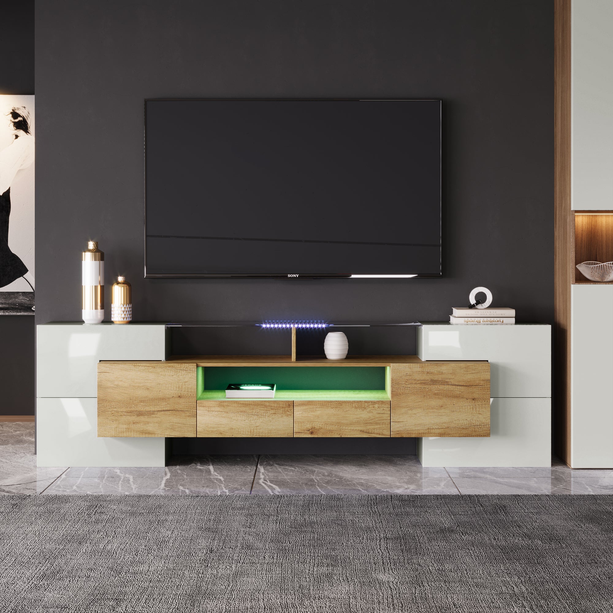 Stylish TV Cabinet Lowboard, 200cm LED Lighting Modern Design - High-Gloss White