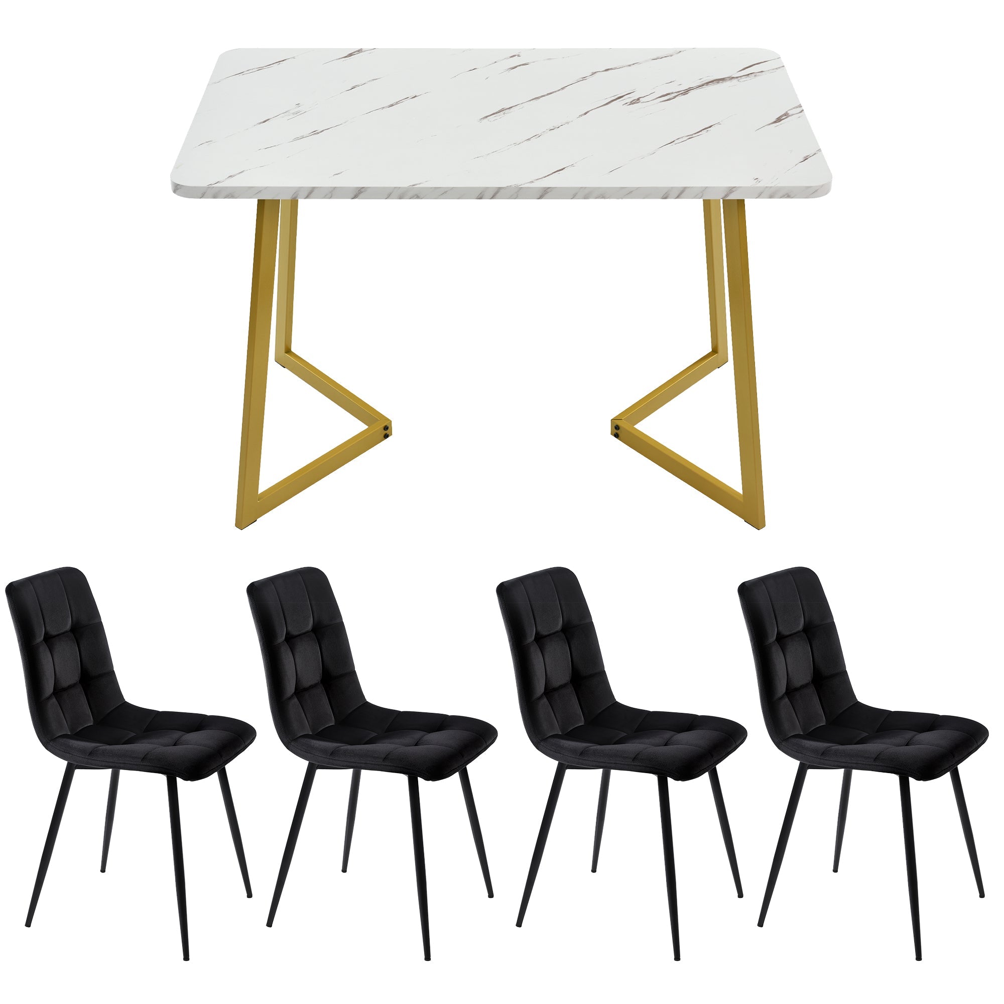 Dining Set 5-Piece 117cm Rectangular Table Black Velvet Gold Legs